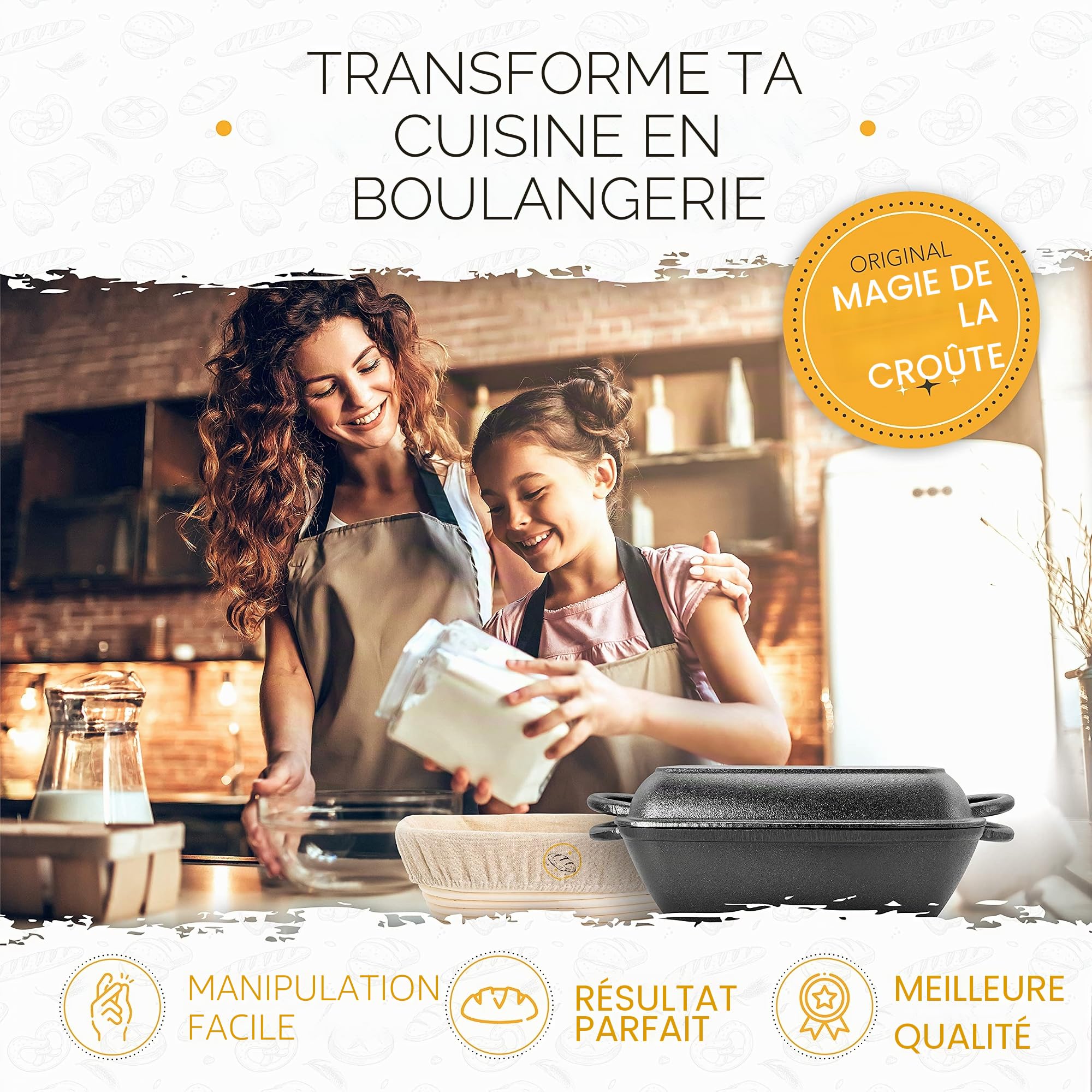 KRUSTENZAUBER Cocotte en fonte avec couvercle - Passe au four [avec panier de fermentation] - 28 cm de long en fonte - Idéal comme moule de four, casserole à induction