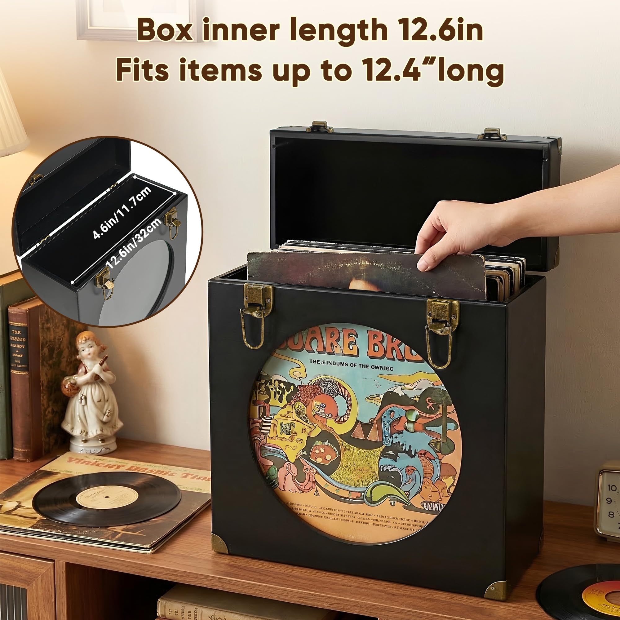 Contenitore per dischi in vinile in legno massello con vetrina, contiene 30 LP, parte anteriore in acrilico, manico in pelle e serratura in metallo, per dischi da 12/10/7 pollici (nero)
