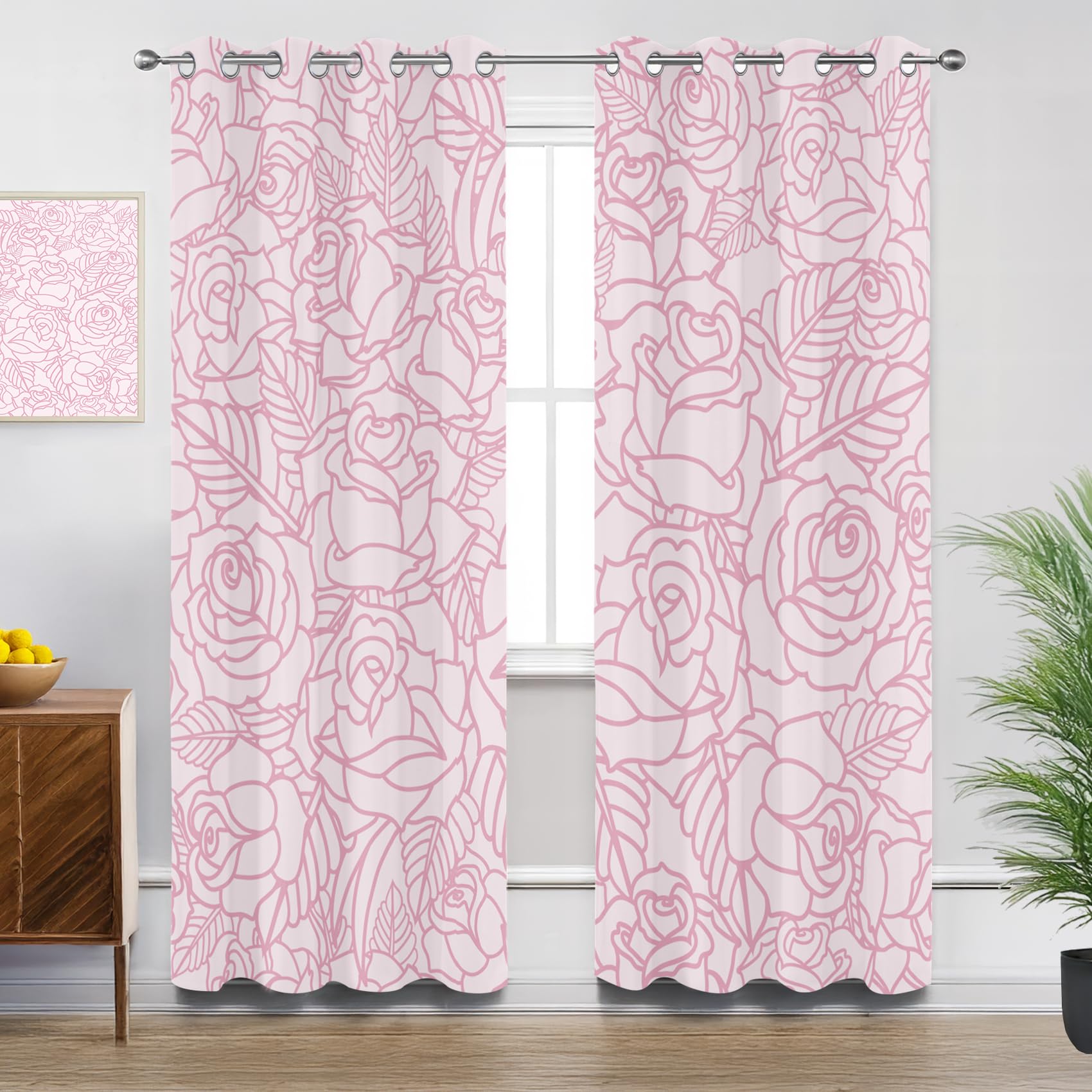 Pink Roses Curtains for Bedroom, Pink Flowers Line Art Modern Minimalist Blackout Thermal Insulated Eyelet Curtains for Living Room, W66 X D72, 2 Panels Drapes Room Decor