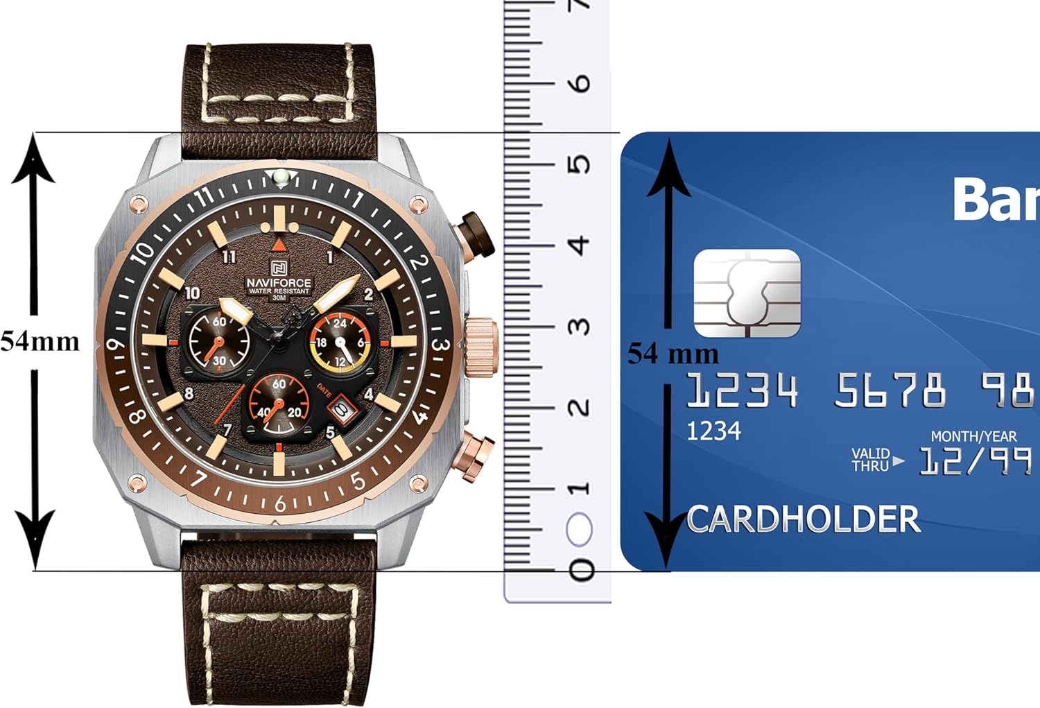 NAVIFORCE Men's Fashion Sport Watches Military Square Big Face Waterproof Chronograph Wristwatch with Luminous Hands,Leather Strap - Image 9