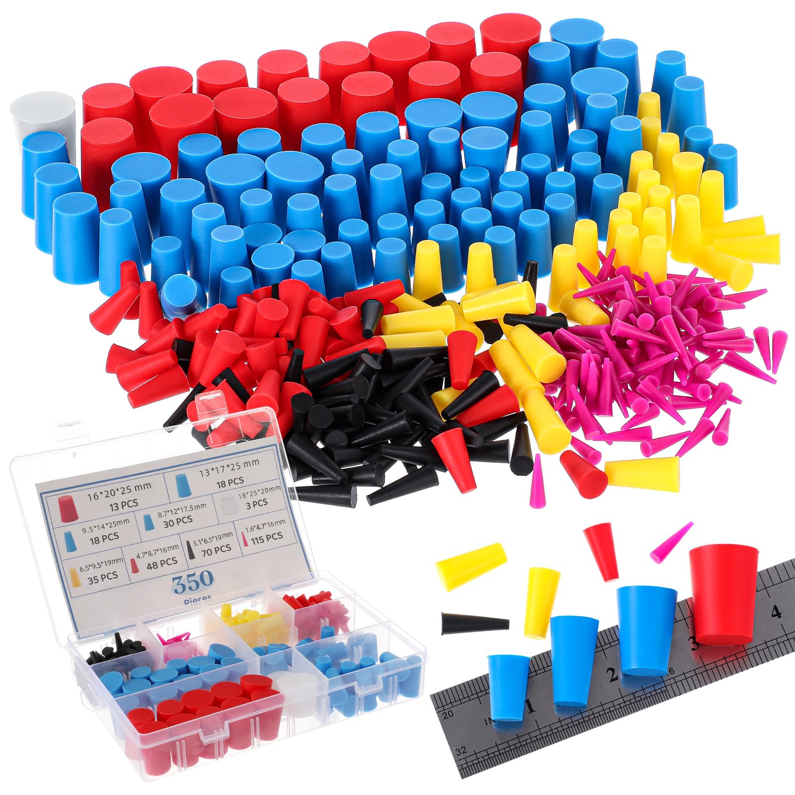 350 Pcs Rubber Plugs 8-Sizes Silicone Tapered Plug Kit 1/15" to 1" High Temp Stoppers for Coating, Hole, Painting Protection Silicone Stopper