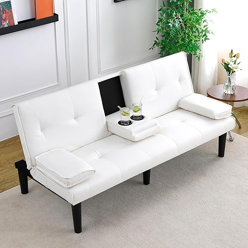 Miniatura 3 de Sofá cama futón moderno de 67 pulgadas, sofás cama convertibles 3 en 1 con respaldo ajustable, portavasos, cómodo sofá reclinable loveseat de cuero
