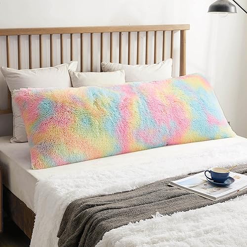 XeGe Funda de almohada de piel sintética lanuda arcoíris con cremallera, funda de almohada larga de felpa decorativa suave, almohada mullida para