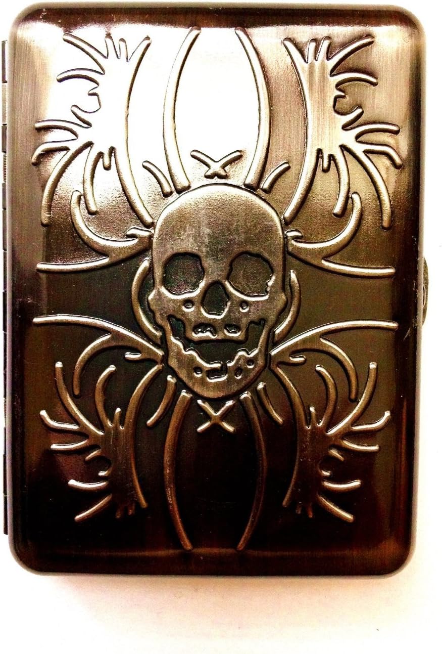 Gift Idea Breaking Bad Skull Retro Mystic Style Cool Metal Cigarette Case with Wooden Textured Charms for Good Luck & Repel Evil