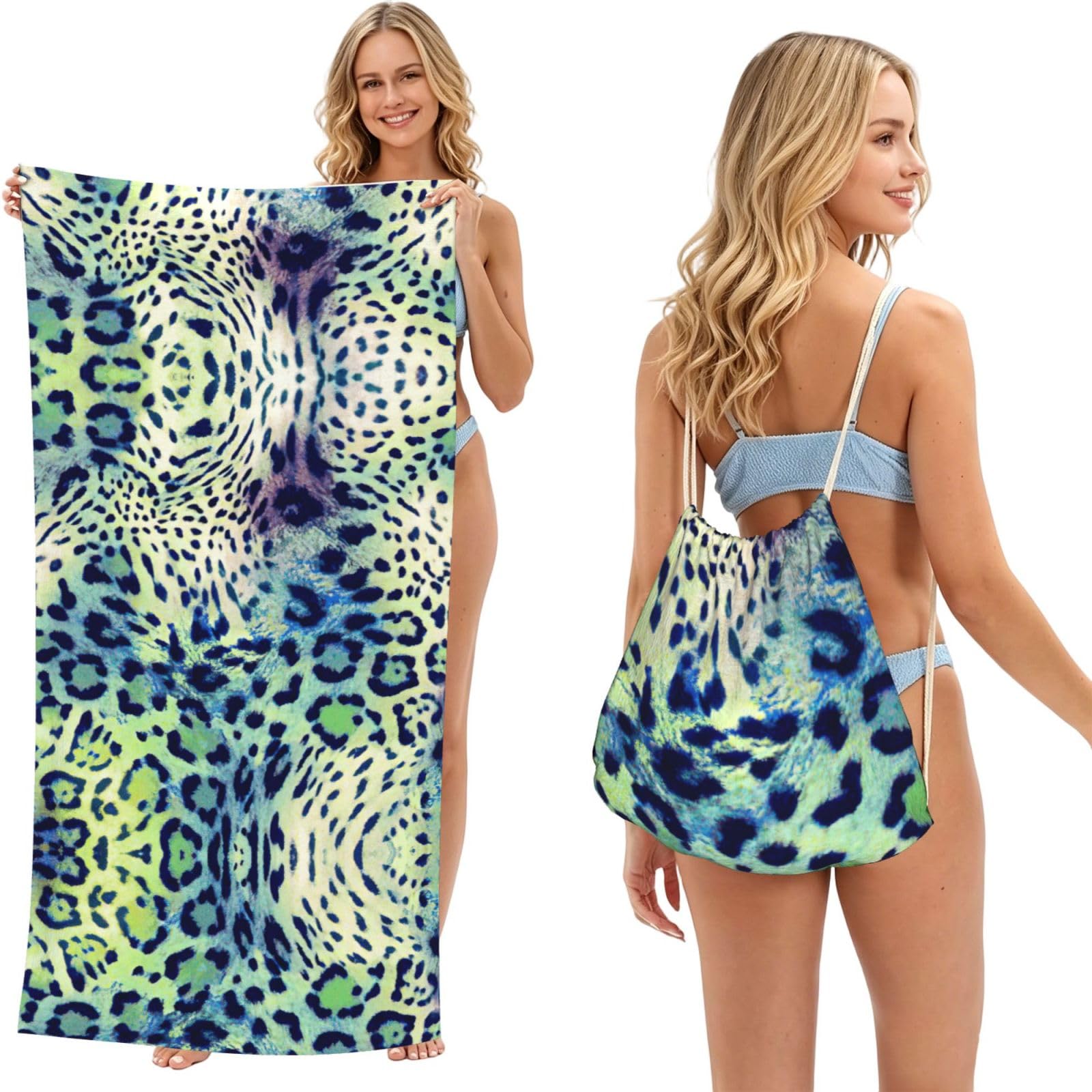 aacxzff Green Leopard Print 2 in 1 Packable Towel Bag, Drawstring Beach Towel Backpack,80x160cm for Beach trips