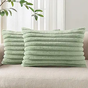 Pallene Faux Fur Plush Lumbar Throw Pillow Covers 12x20 Set of 2, Luxury Soft Fluffy Striped Decorative Pillow Covers for Sofa, Couch, Living Room, Sage Green