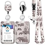 Vintage Bear Badge Holder Reel Lanyard, Pine Tree ID Card Badge Holder Retractable Name Tag Clips for Doctor Nurse Teacher Office Student