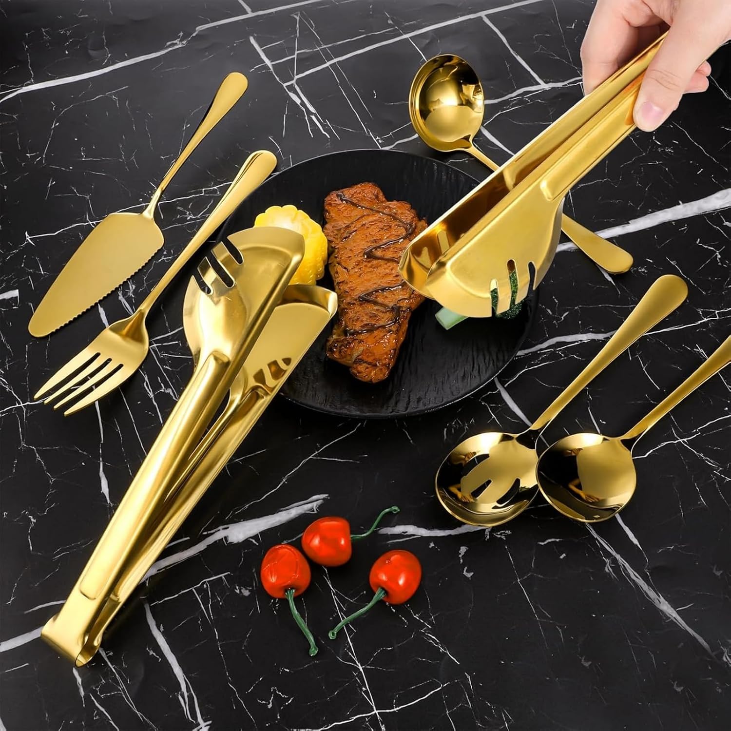 20 Pcs Gold Serving Utensils Set Premium Stainless Steel Serving Flatware with Tongs Spoons Forks Slotted Spoon Ladle and Cake Server for Kitchen Banquet Wedding Buffet Catering Party
