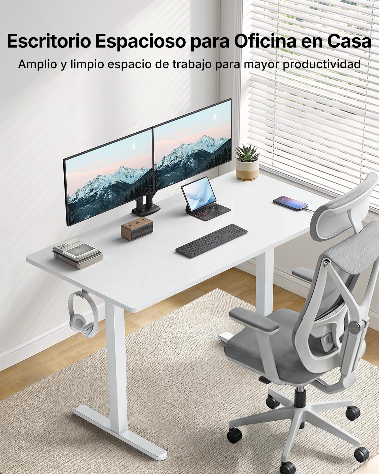 HUANUO Escritorio de Altura Regulable 120 x 80 cm con Puerto de Carga USB-C y USB-A, Altura Ajustable de 72 – 118 cm, 4 ajustes preestablecidos de Memoria, gestión de Cables y Ganchos