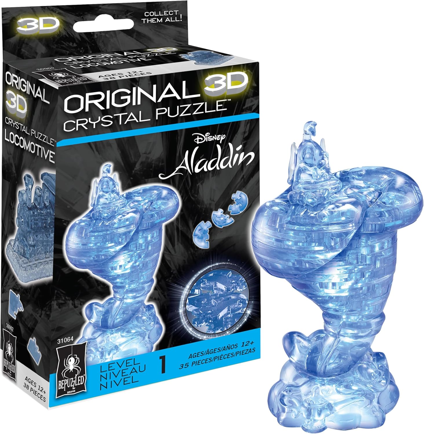 BePuzzled Original 3D Crystal Jigsaw Puzzle - Genie Disney Aladdin Brain Teaser, Fun Decoration for Kids Age 12 and Up, 35 Pieces (Level 1), Blue
