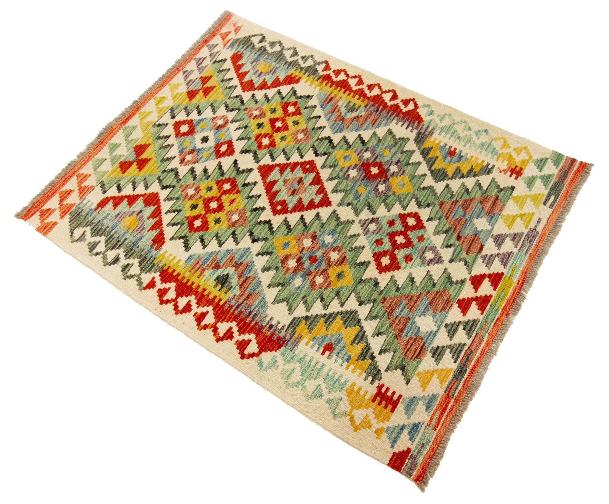 Kilim Tapis 100 % laine 112 x 86 cm, fait à la main, pièce unique de style Herat Boho multicolore, tissage plat, tapis d'entrée et chambre