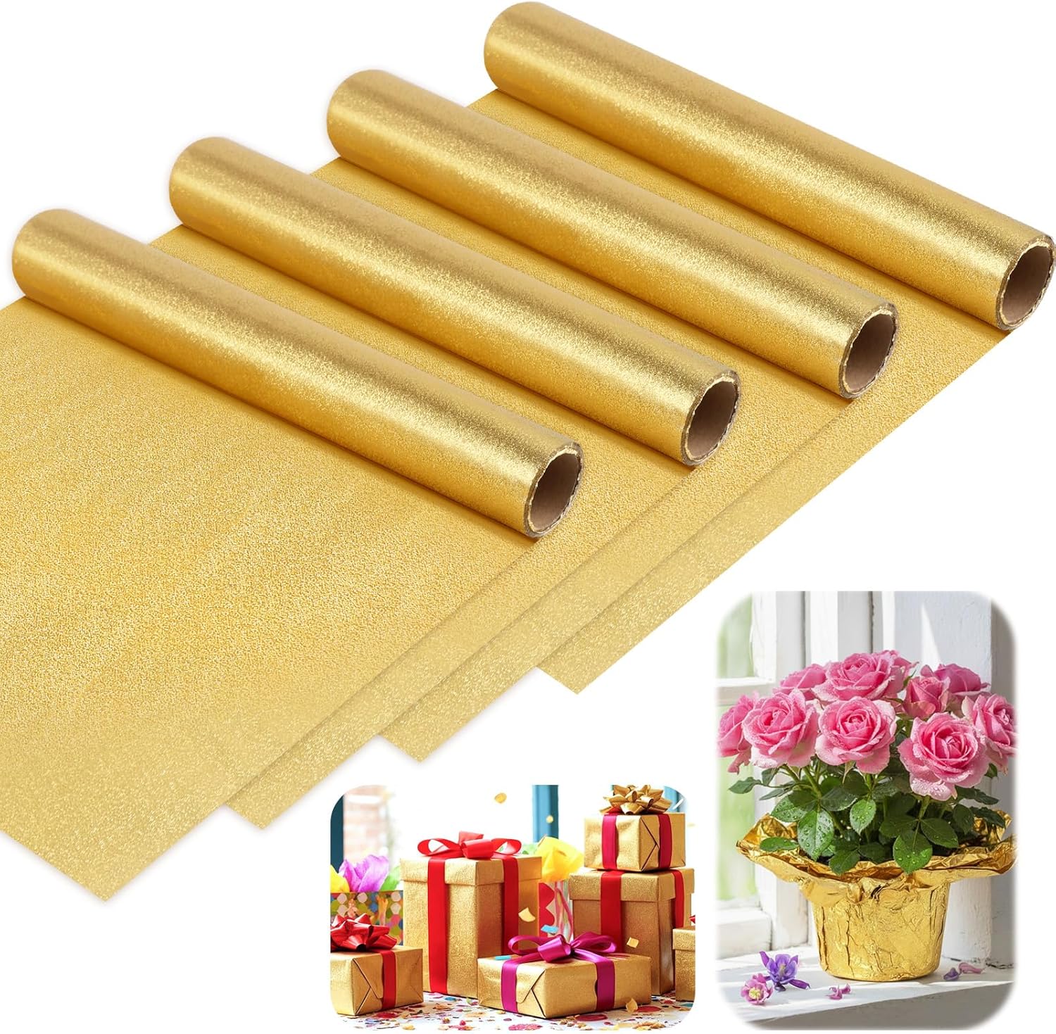 Vicosela 4 Rolls 5.5 Yard Floral Foil Plant Pot Covers, Matte Texture Plant Pot Foil, Golden Flower Pot Wrapping Paper for Valentine's Day Mother's Day Christmas Home Flower Pot DIY Decor