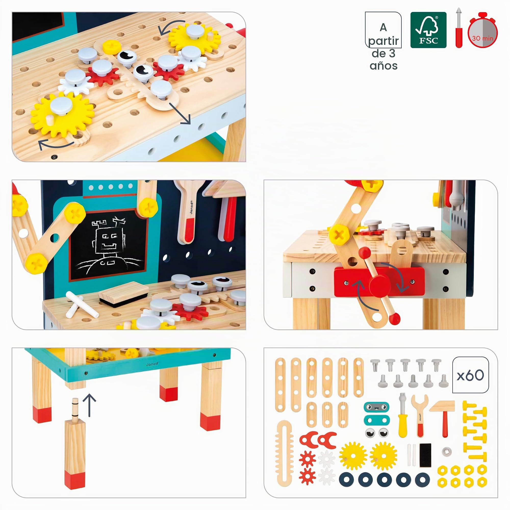 Janod - Mi Primer Juego de Construcción - Gran Banco Robot - Juego de Bricolaje Infantil - 50 Piezas - Altura Ajustable - Imitación - Desde 3 Años - J06457