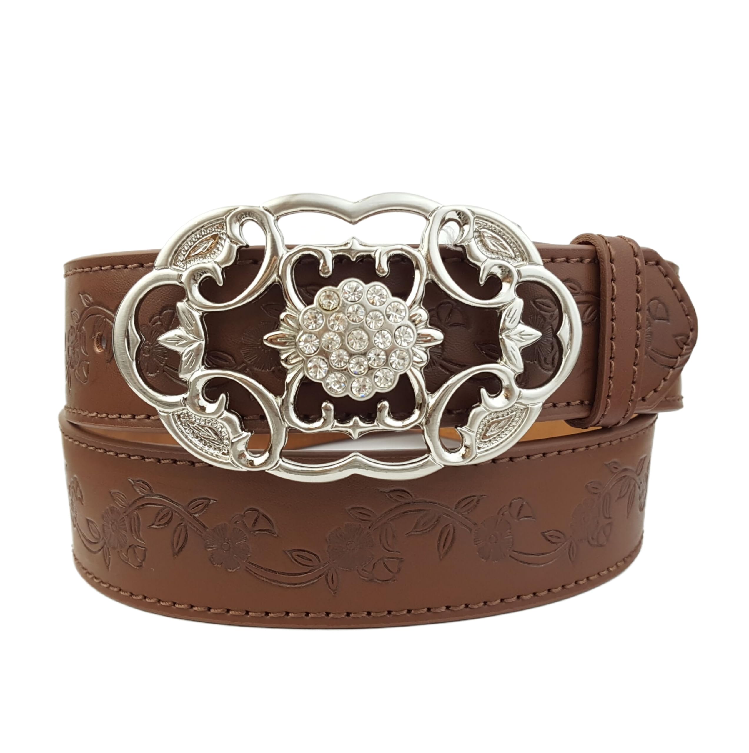 AXESORIA: Shiny Silver Crystal Floral Oval Buckle with floral tooled belt Brown S/M