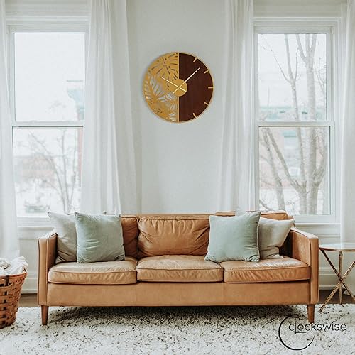 Miniatura 6 de Reloj de pared grande redondo moderno de 23.6 pulgadas, madera marrón decorativa y metal dorado con corte de hojas, reloj de gran tamaño para