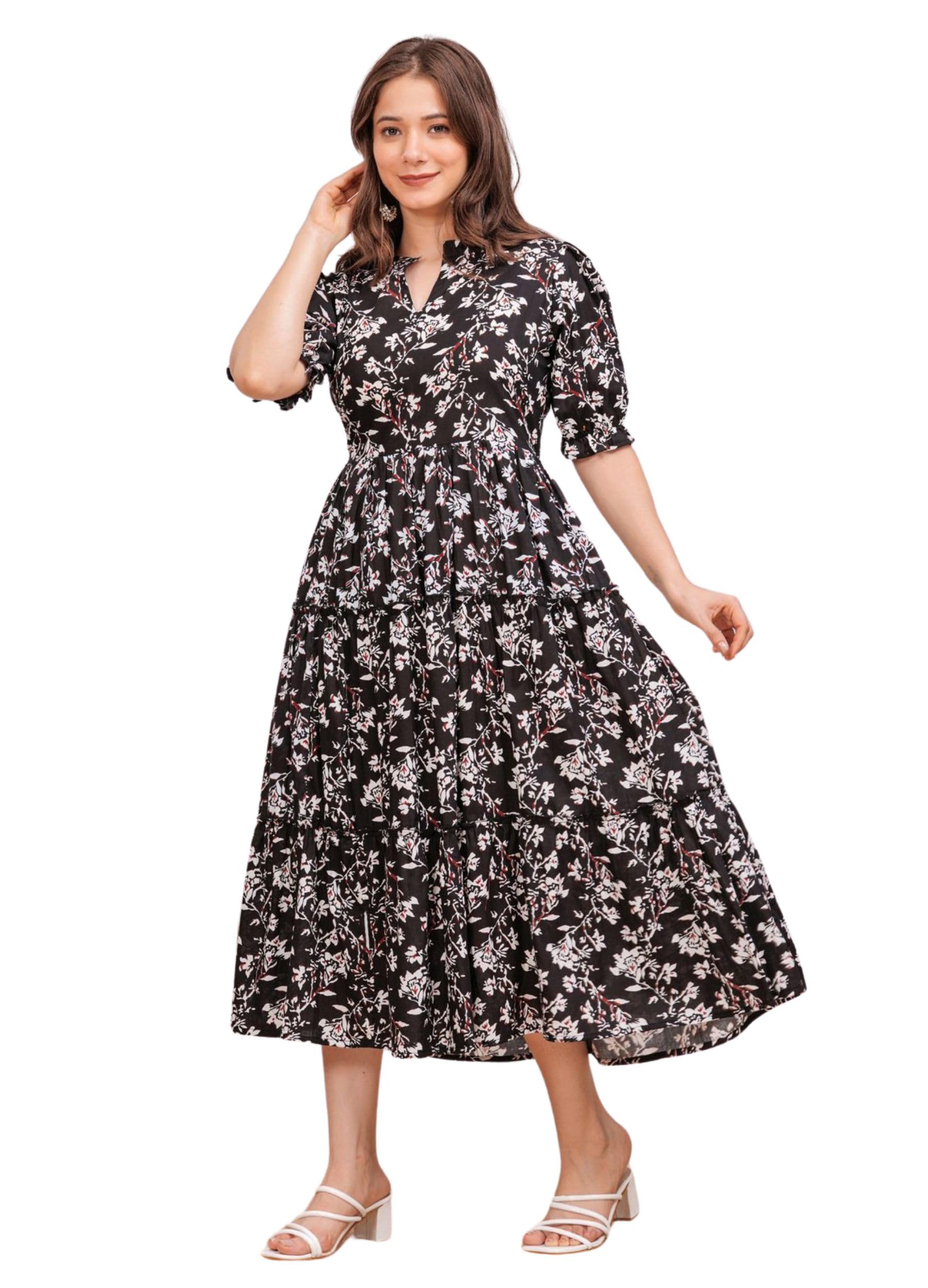 khejal Women's Short Sleeves V Neck Flower Printed Long Anarkali Black Gown Dress (Black-2XL)-picture-22