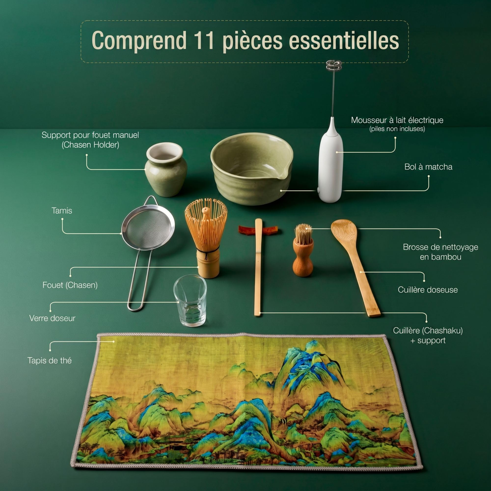 Kit de thé matcha avec fouet électrique mousse et ensemble complet d'accessoires traditionnels, bol en céramique, tamis bambou préparation rituelle authentique initiation Set de 11 pièces cadeau