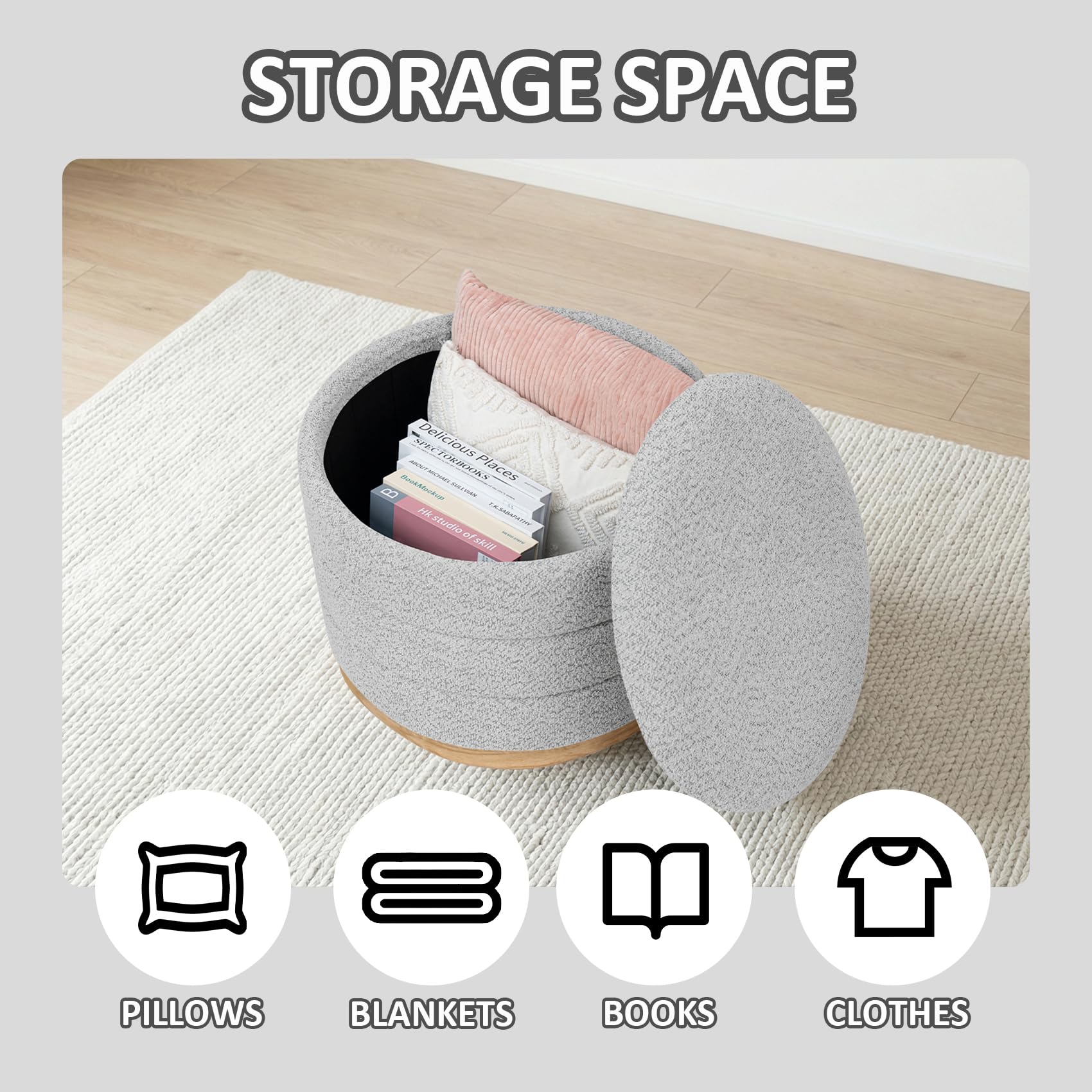 PINPLUS Runder Chenille Sitzhocker mit Stauraum, 2-in-1 Couchtisch & Fußhocker, klappbarer gepolsterter Hocker für Wohnzimmer, Schlafzimmer & Flur, 58 x 58 x 44 cm, Silbergrau