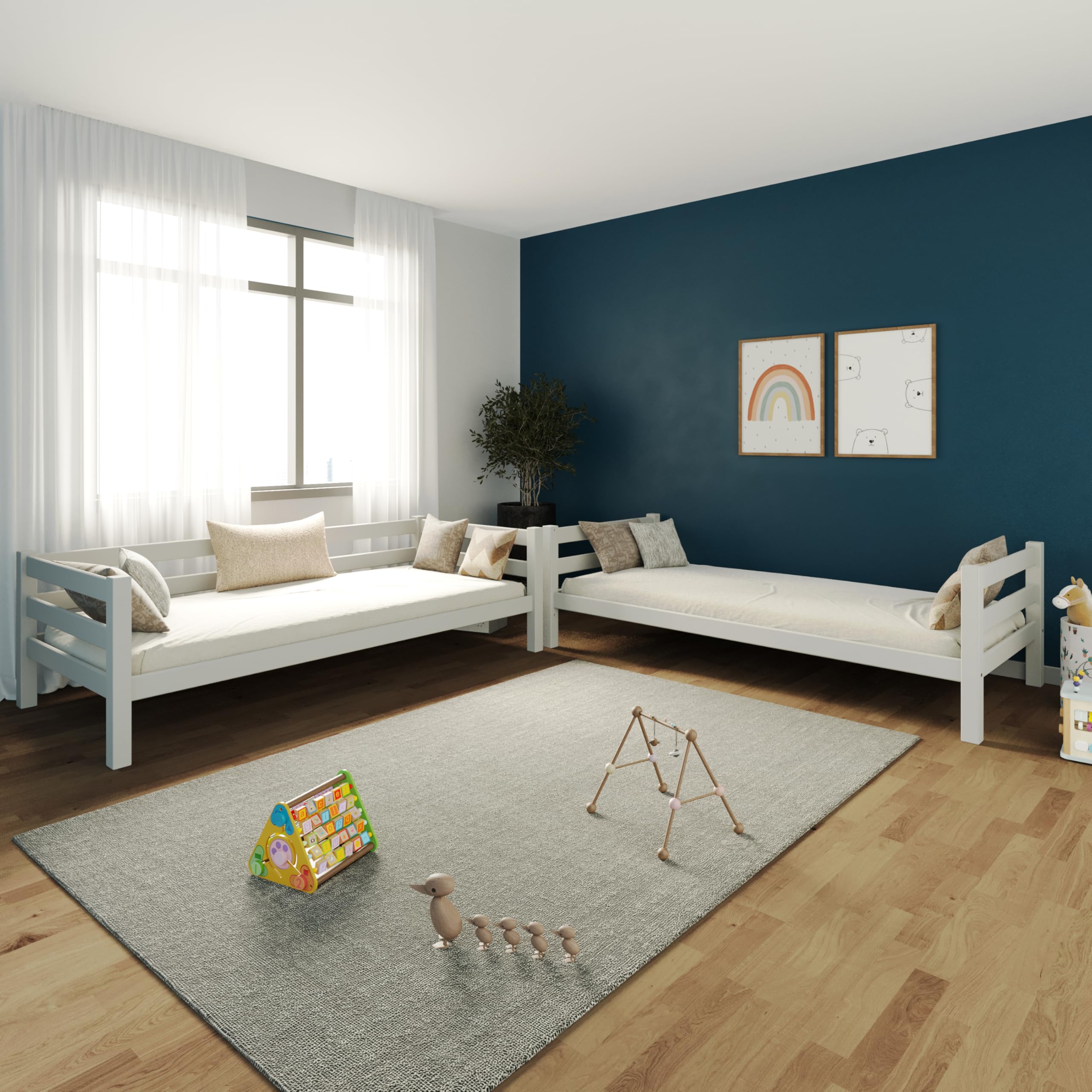 f25 - Letto a castello in legno massiccio di faggio, rete a doghe, letto a castello con doppio telaio, senza scivolo, laccato bianco