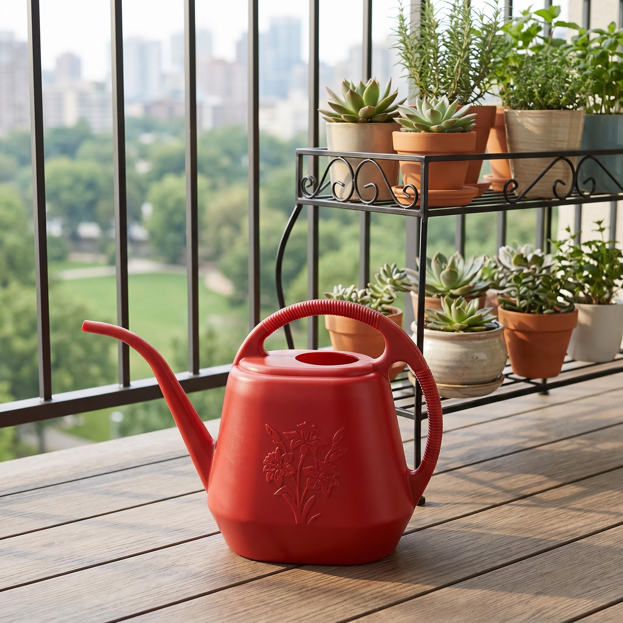 Fasmov Arrosoir en plastique de 3,8 l avec poignée confortable, arrosoir de jardin à long bec pour arroser les plantes, rouge brûlé