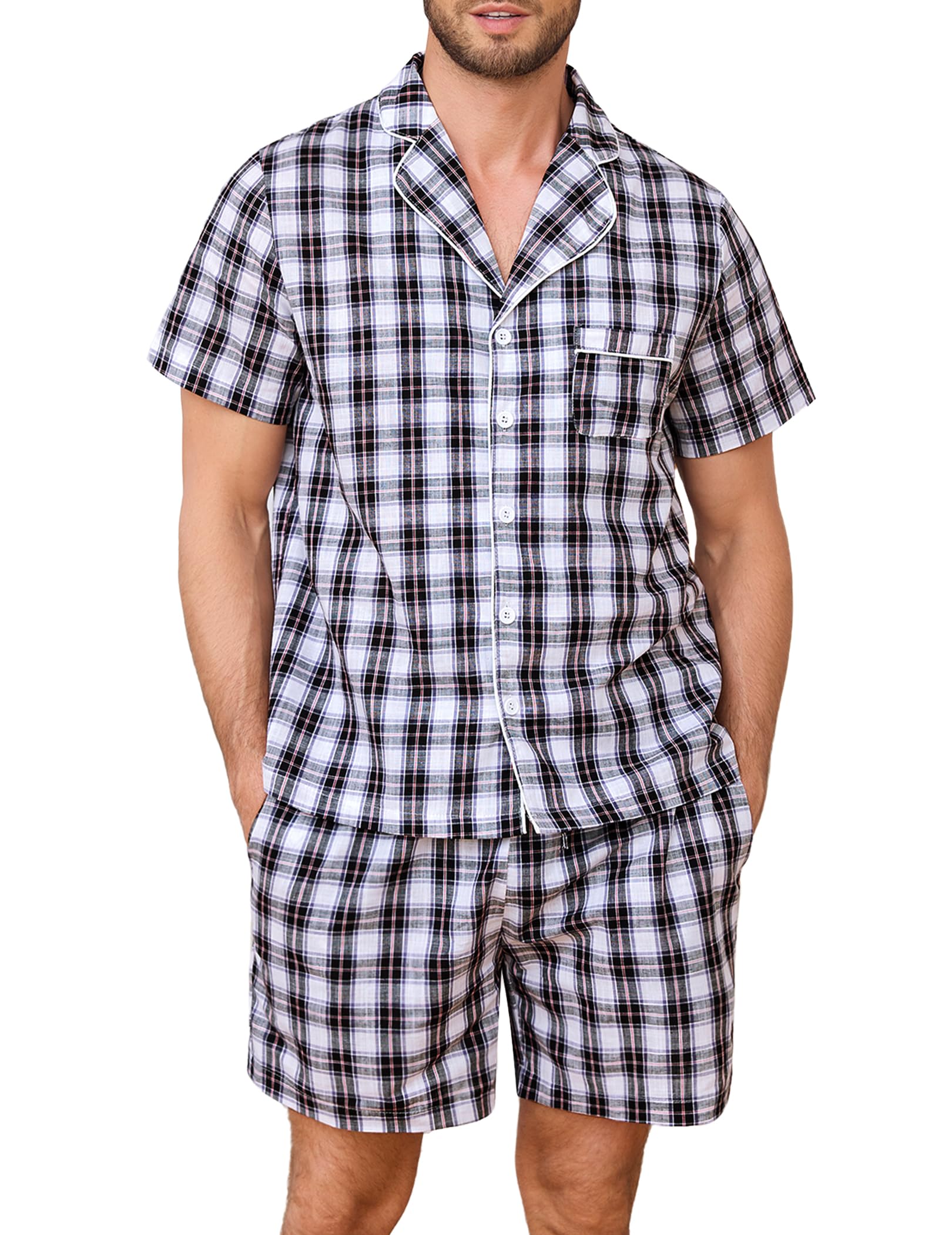 Marvmys Mens 100% Cotton Pajama Set Sleepwear Short Sleeve Pj Set Button Down Lounge Set Plaid Pajamas S-3XL