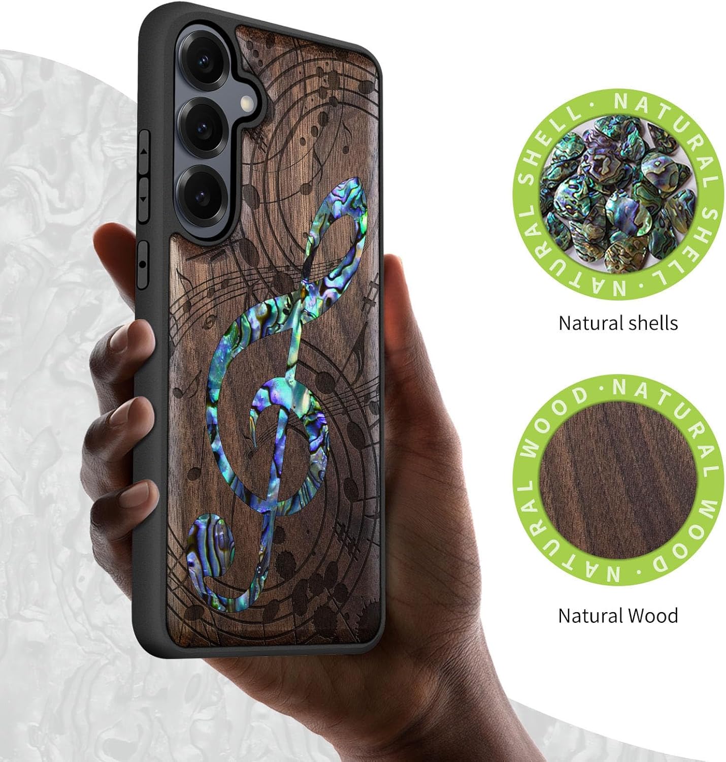 Carveit Magnetic Wooden Case for Samsung Galaxy S25 Case, Wood Artisan Engraved & Handmade Shell Inlaid, Compatible with MagSafe Wireless Chargers (Musical Note) Walnut