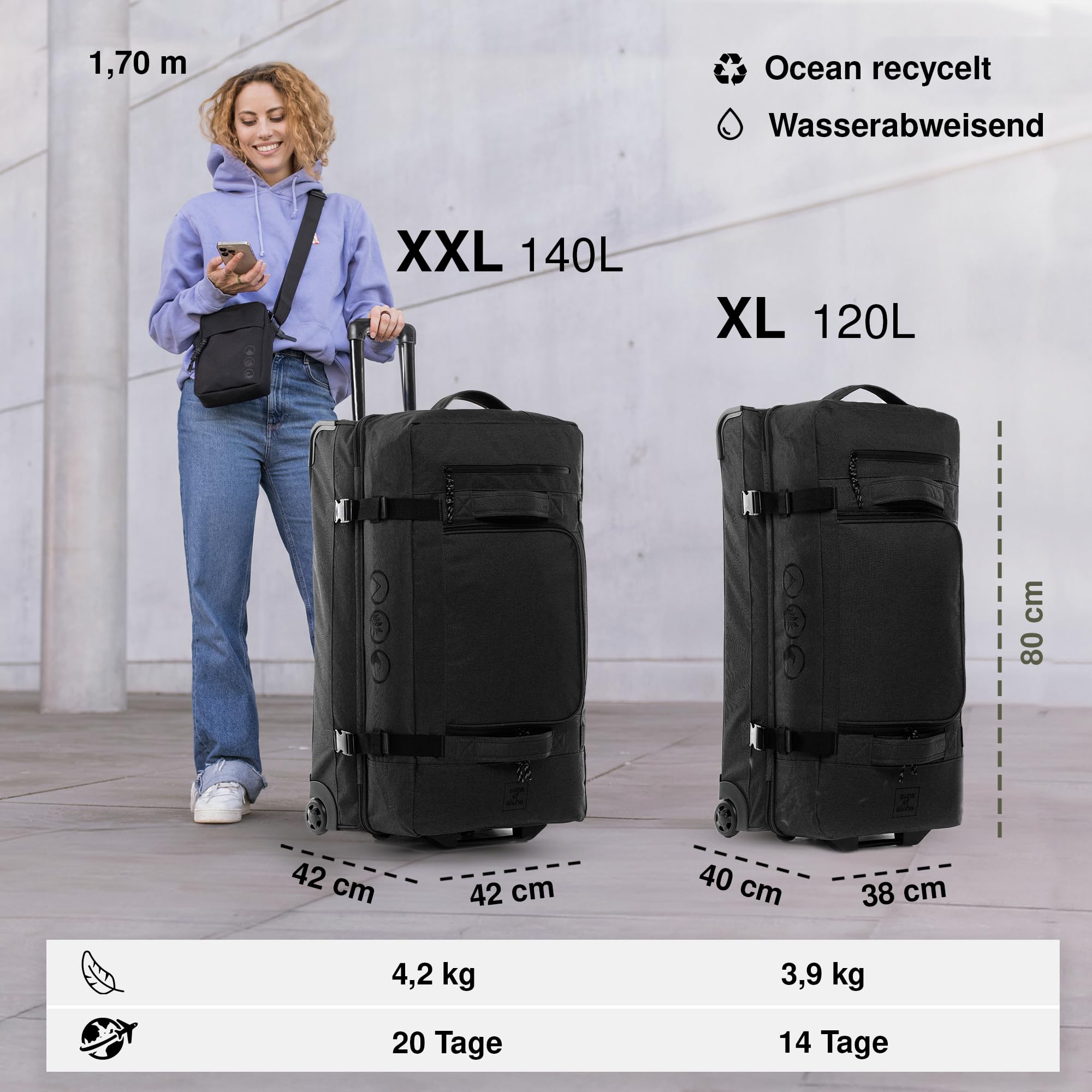 SONS OF ALOHA XXL Reisetasche mit 2 Rollen Kane Rollkoffer 80 cm Koffer Sporttasche Reise-Trolley recyceltes Meeresplastik 140L, schwarz