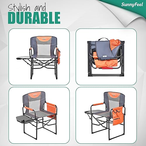 Miniatura 7 de SUNNYFEEL Silla de directores de campamento de gran tamaño, sillas plegables portátiles para adultos resistentes con mesa auxiliar, bolsillo para