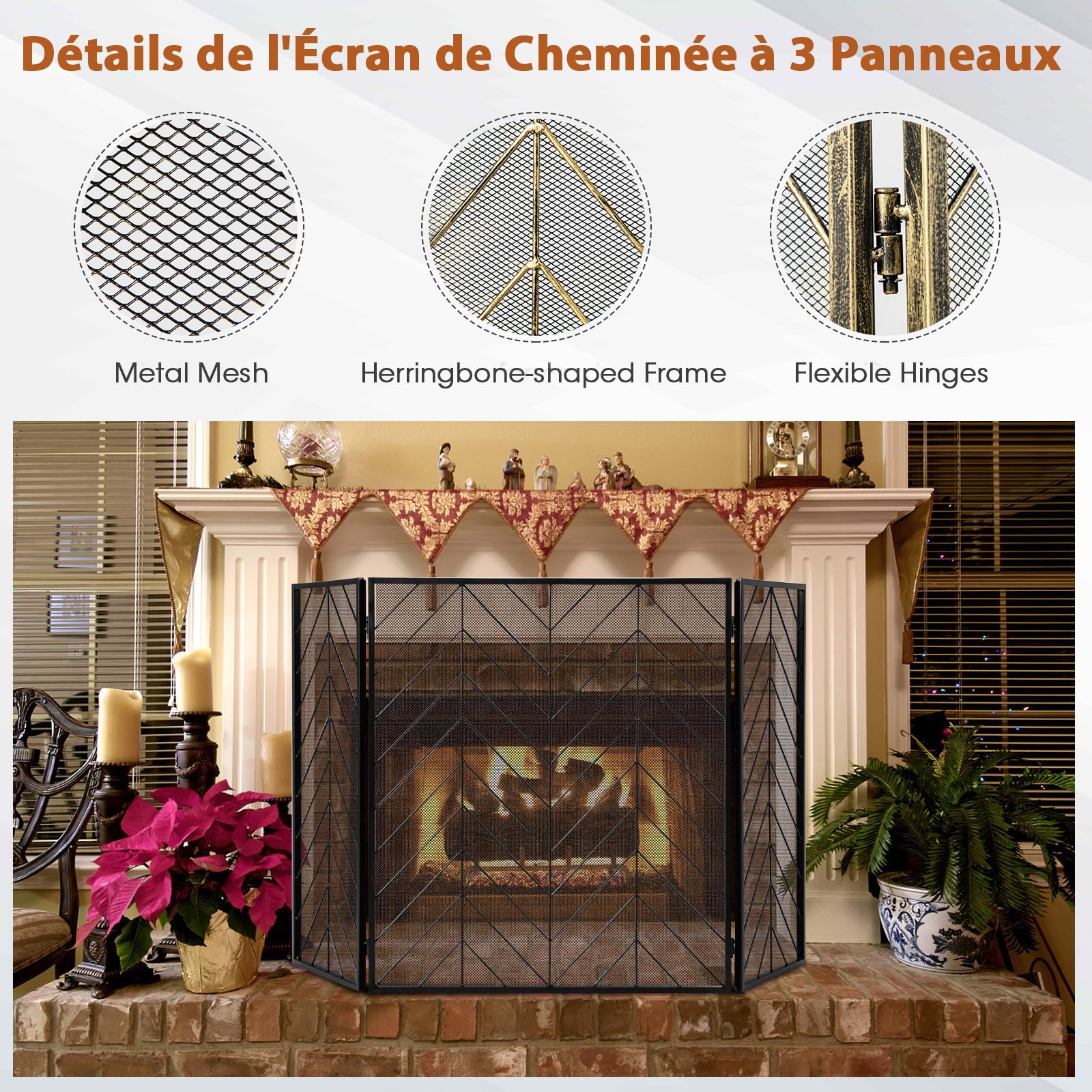 COSTWAY Ecran de Cheminée Pliable à 3 Panneaux de 78 x 133 cm, Pare-Étincelles en Maille de Fer, Clôture de Cheminée avec Charnière Flexible, Grille de Protection pour Salon, Chambre (Noir)