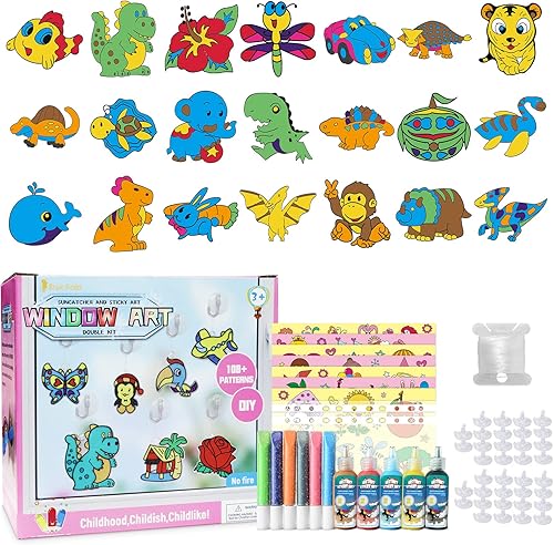 Miniatura 9 de Pintura artística para ventana, kit de 36 atrapasoles doble para niños, haz tu propio divertido juego de atrapasoles con ventosas para auto y