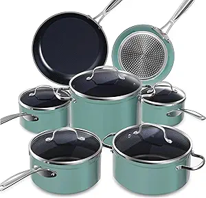Nuwave Healthy Duralon Blue Ceramic Nonstick Cookware Set, Diamond Infused Scratch-Resistant, PFAS Free, Dishwasher & Oven Safe, Induction Ready & Evenly Heats, Tempered Glass Lids & Stay-Cool Handles
