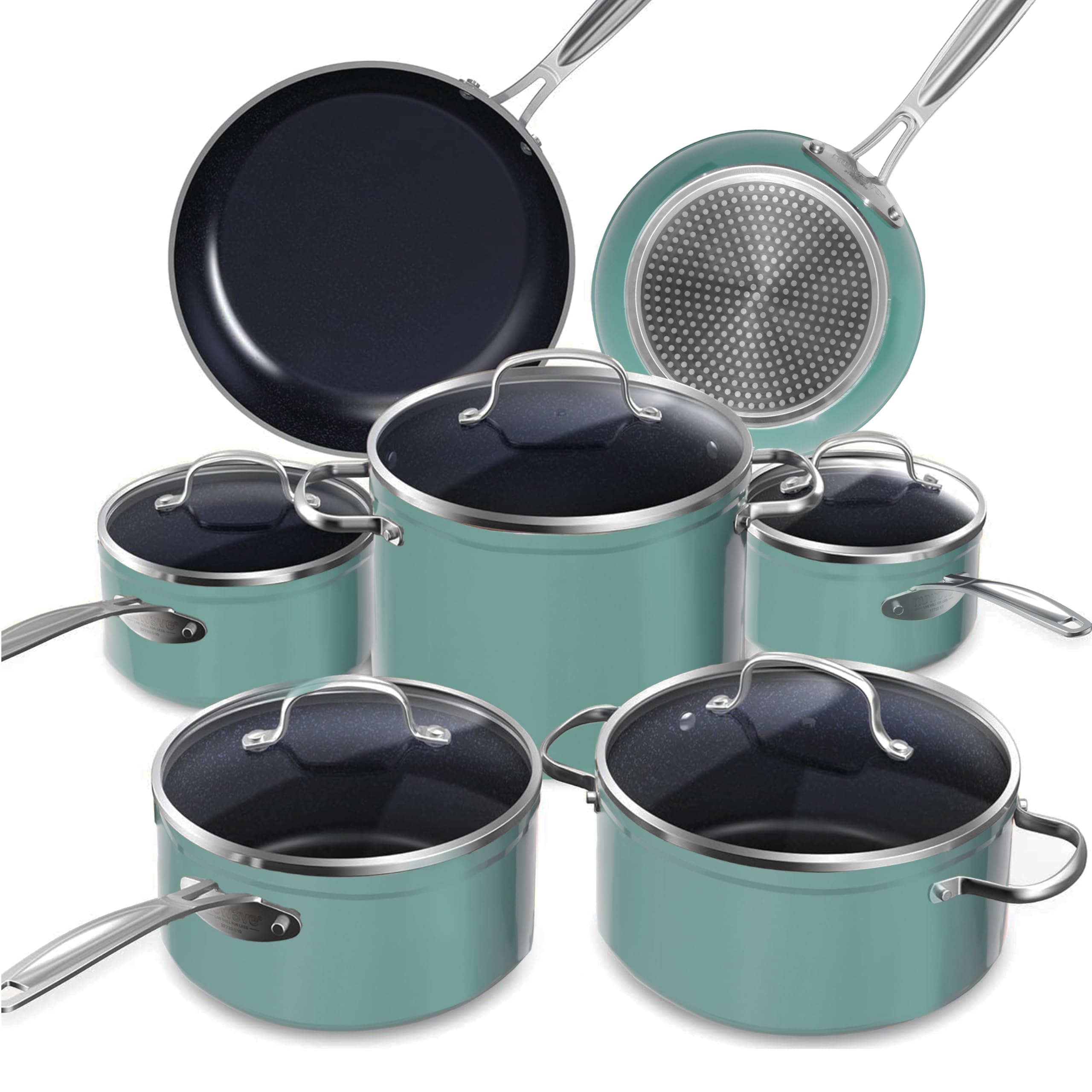 NuwaveHealthy Duralon Blue Ceramic Nonstick Cookware Set, Diamond Infused Scratch-Resistant, PFAS Free, Dishwasher & Oven Safe, Induction Ready & Evenly Heats, Tempered Glass Lids & Stay-Cool Handles