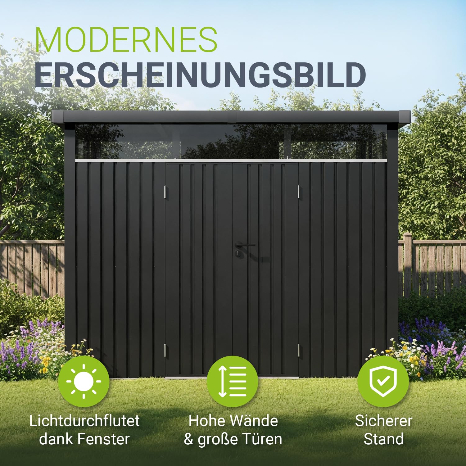Juskys® Gerätehaus Luzern L - 7,8 m² - Metall Geräteschuppen mit Türen & Fenstern - wetterfest & abschließbar - Fahrradgarage, Gartenhaus - Anthrazit