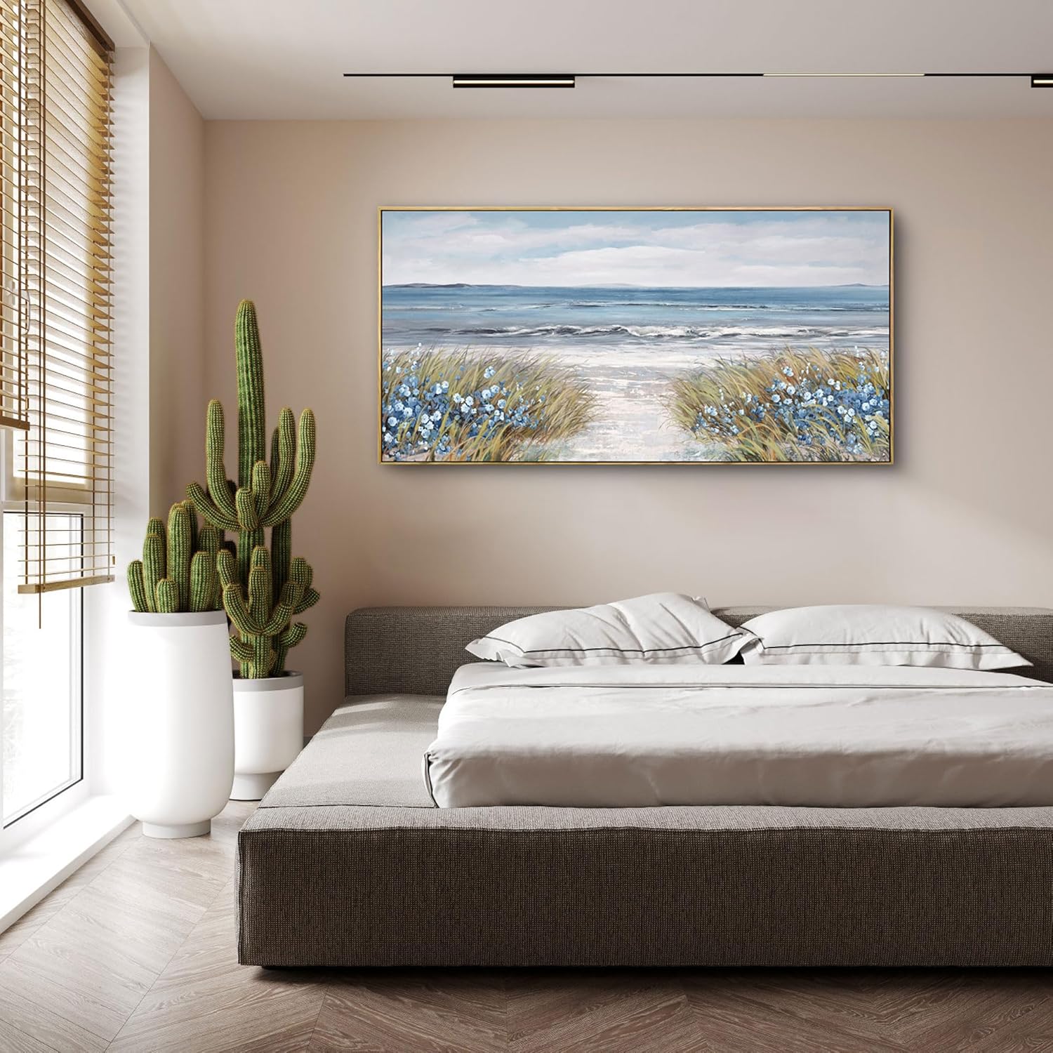 XLSJERST Framed Wall Art for Living Room Decor - Farmhouse Boho Beach Coastal Vintage Floral Ocean Wall Picture Flowers Sea Canvas Print Seascape Artwork for Home Living Room Bedroom Office 24x48 - Image 3