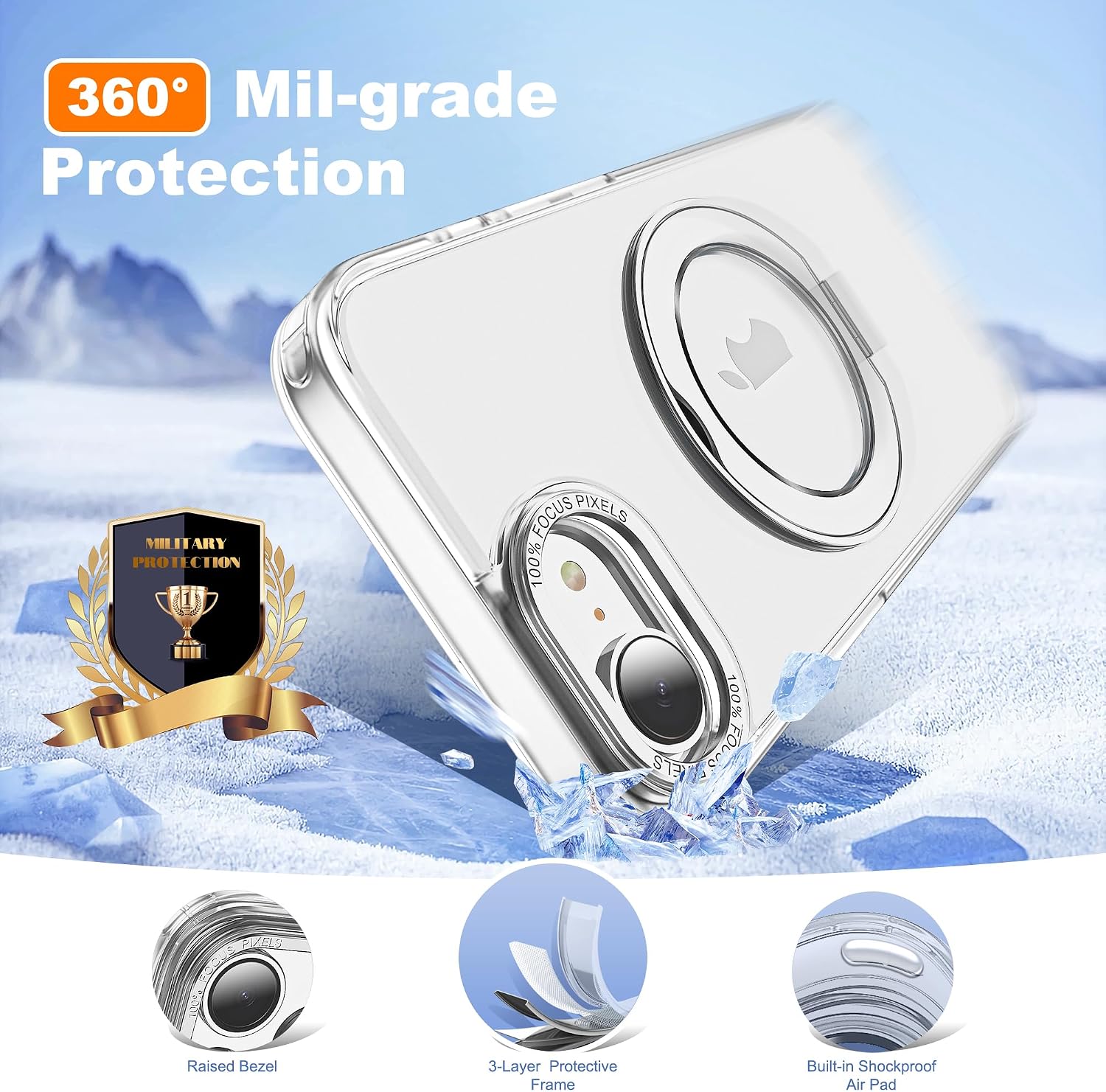for iPhone 16e Case & iPhone 17e Case with 360° Rotatable Magnetic Ring Stand Compatible with Mag-Safe Military Protection Shockproof Transparent Phone Cases, Clear