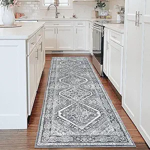 KUTA 3x8 Grey Oriental Area Rug for Living Room, Vintage Washable Kitchen Rugs Non Slip, Ultra Soft Printed Distressed Eastern Medallion Entry Runners Low-Pile Throw Carpet for Bedroom Decor