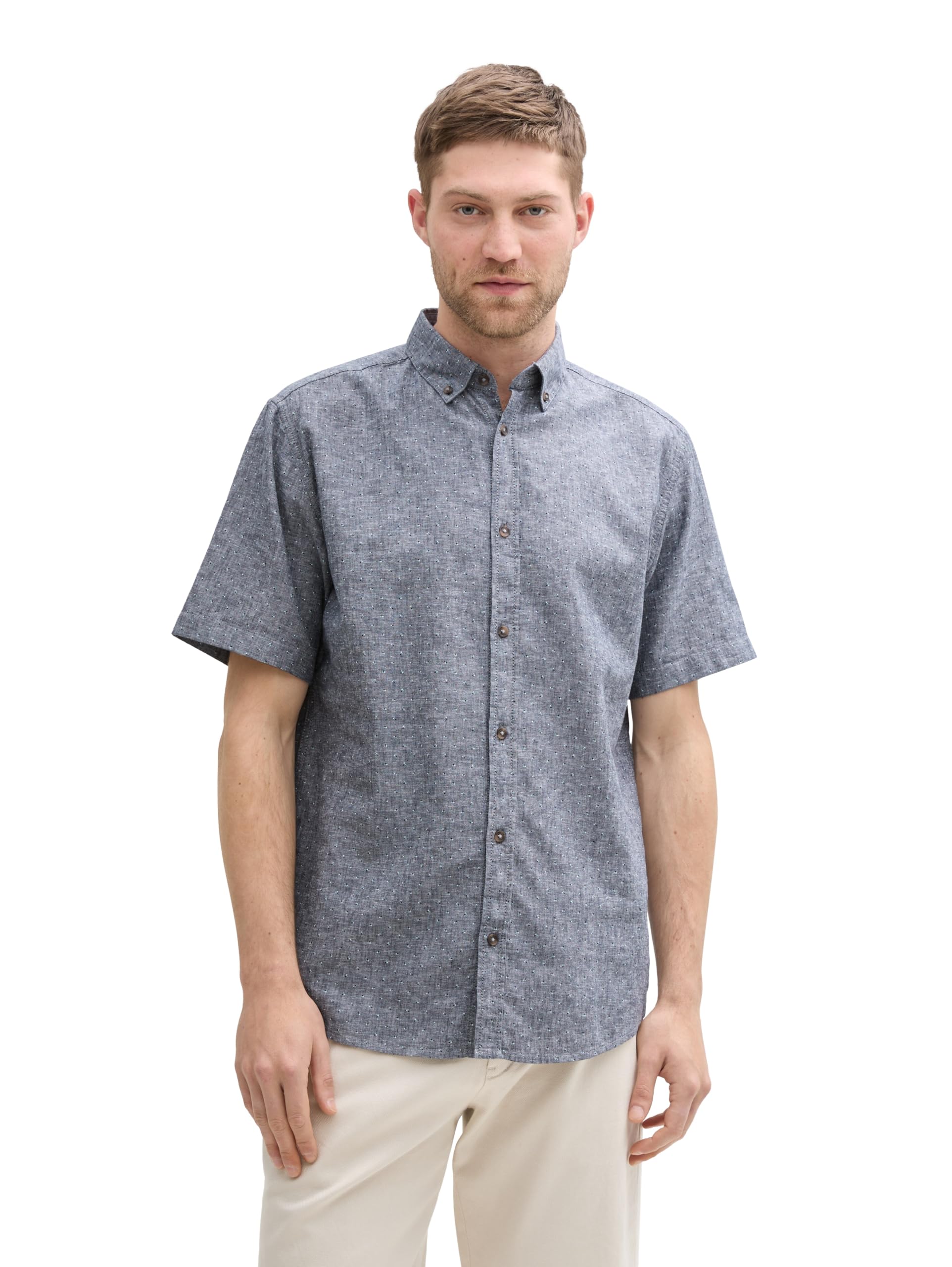 Tom Tailor Herren Regular Fit Kurzarmhemd mit Leinenanteil im Pünktchen-Muster