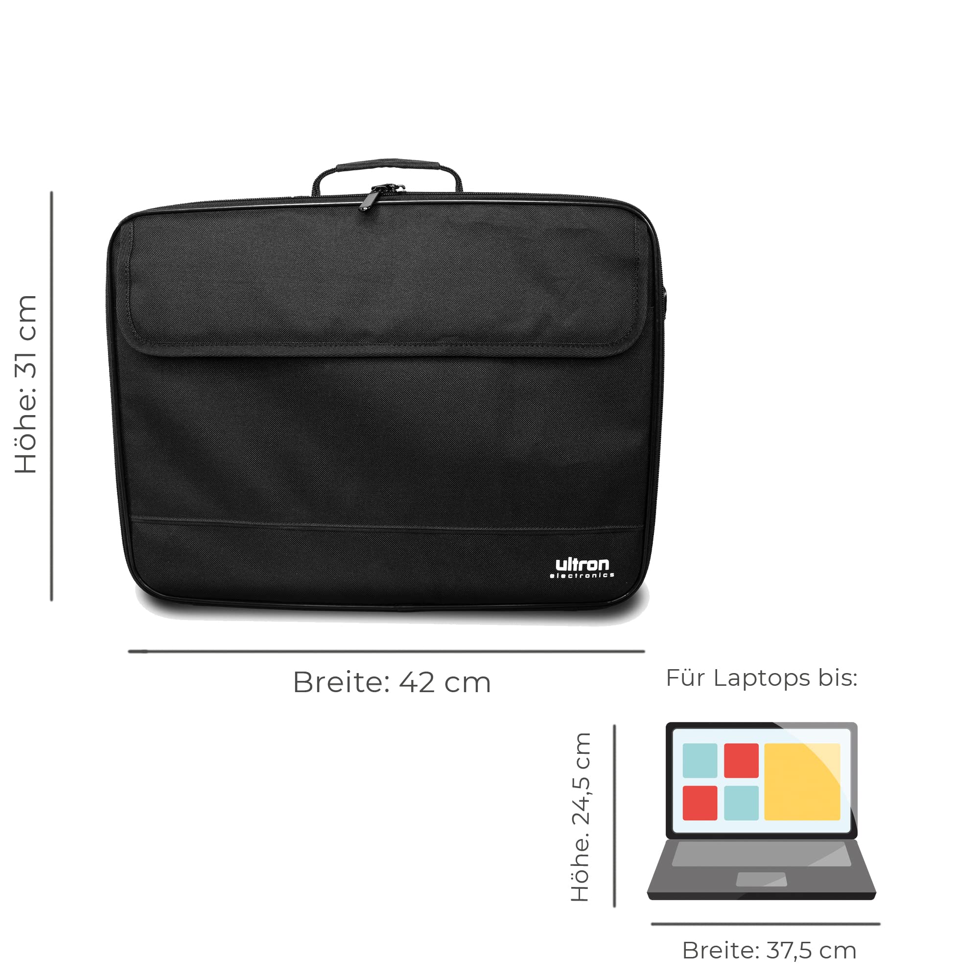 ultron Case Plus kompaktowa torba na laptopa, torba na ramię z kieszeniami do przechowywania akcesoriów, do laptopów o przekątnej do 15,6 cala (39,6 cm), czarna, 1 sztuka