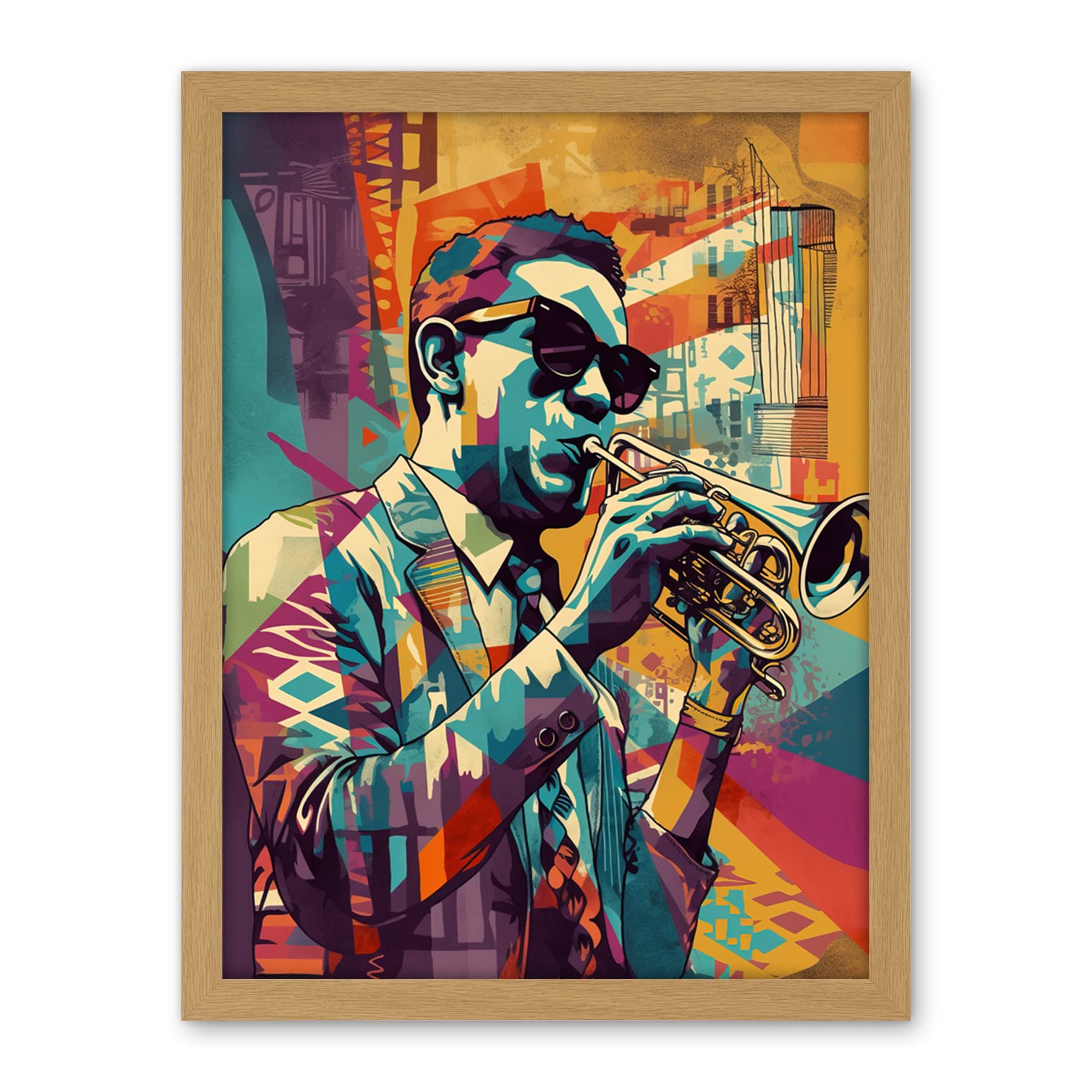 Artery8 Trumpet Player Jazz Musician with Sunglasses Modern Colour Linocut Print Artwork Framed Wall Art Print 18X24 Inch