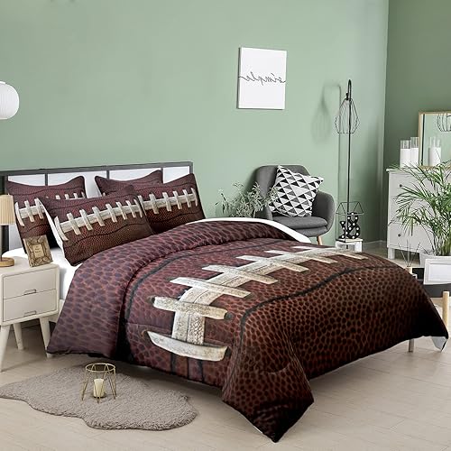 Miniatura 2 de Tailor Shop Juego de edredón de fútbol para niños y adolescentes, juego de ropa de cama con temática deportiva de rugby marrón, tamaño Queen con 1