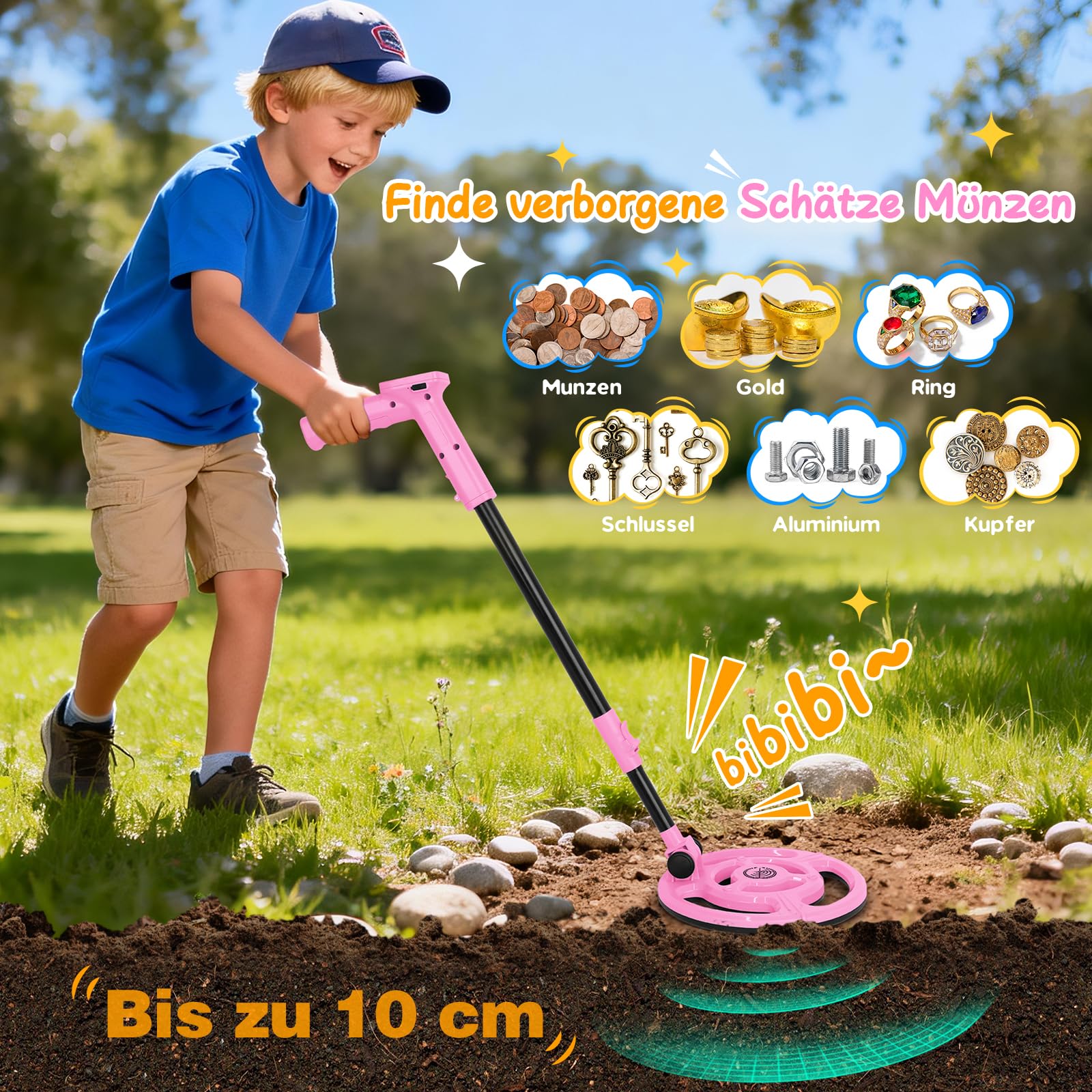 Metalldetektor Kinder USB-wiederaufladbar, Metalldetektor für Kinder, 7,36" wasserdichte Suchspule, 61-89cm Verstellbarer Griff mit LCD-Display, Strandschatzsuche Outdoor-Spielzeug für 8-12 (Rosa)