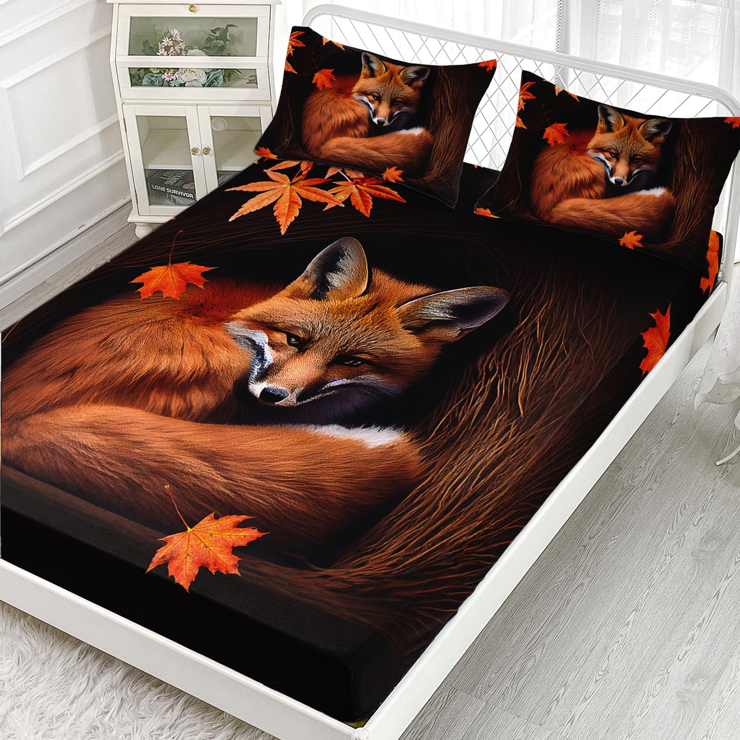 AILONEN Fox Fitted Sheet Set Twin Size, Autumn Maple Leaves Orange Animal Bed Sheet Set,Cartoon Fox Sheets Set for Kids Boys Girls,3 Pieces, 1 Fitted Sheet and 2 Pillowcases