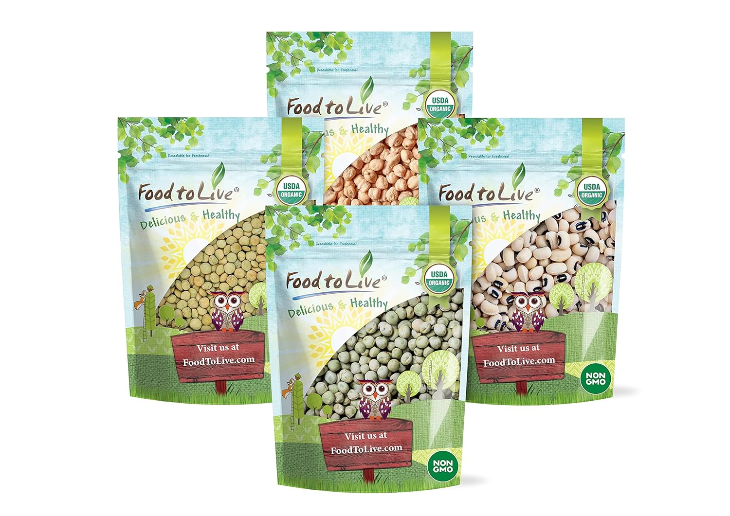 Food to Live Organic Pulses Bundle, 4 Pack – Whole Green Peas (5 LB), Green Lentils (5 LB), Chickpeas (5 LB), Black-Eyed Peas (5 LB), Non-GMO Dried Legumes, Raw, Kosher, Bulk.