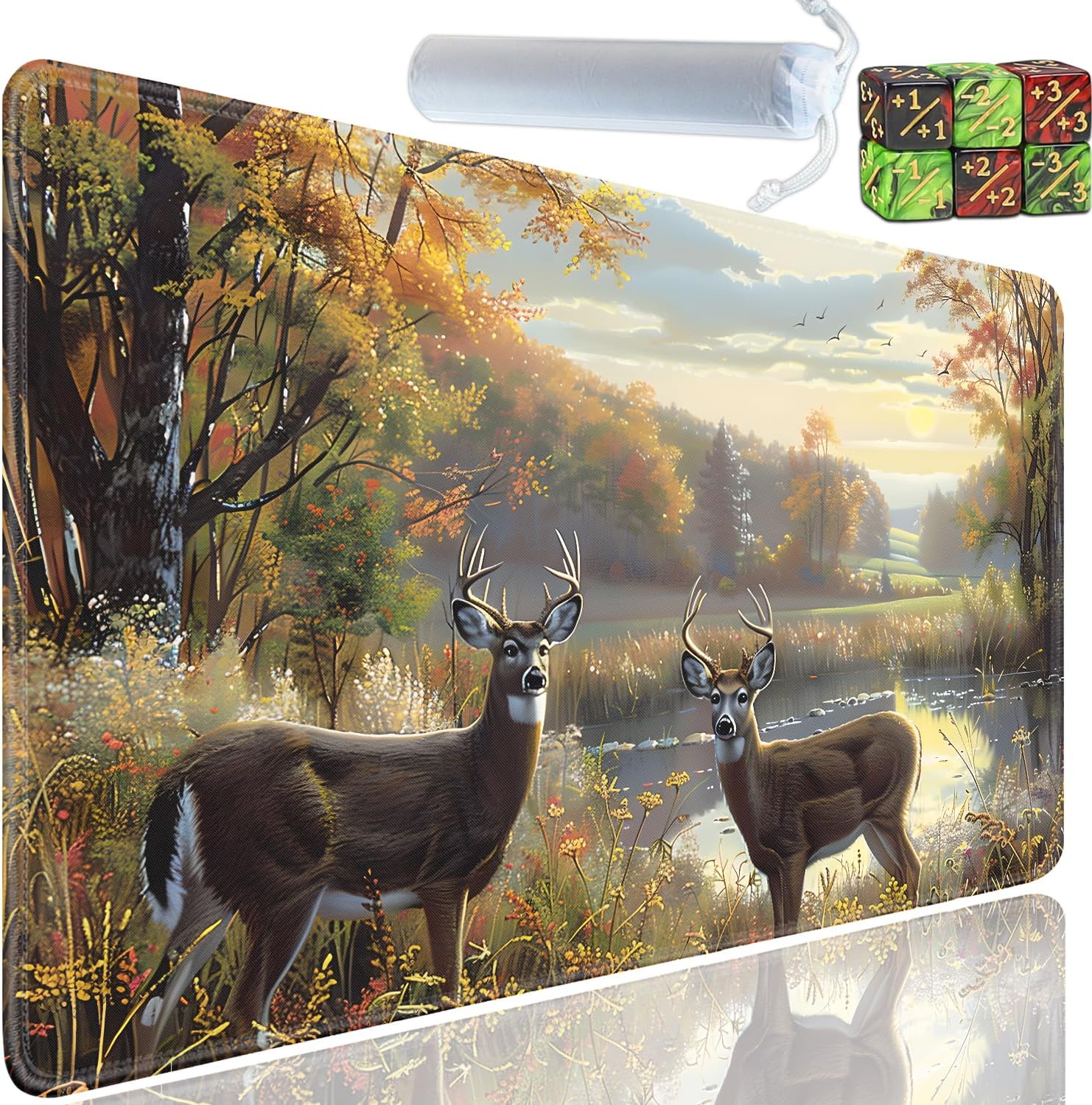 Playmat for MTG, 24x14 Inches Playmats, for TCG and CCG Trading Card Game Mat, Non-Slip Rubber for MTG Playmats with A Storage Bag and 6 Dice Set, Water Lily Blue Pond Black Cat