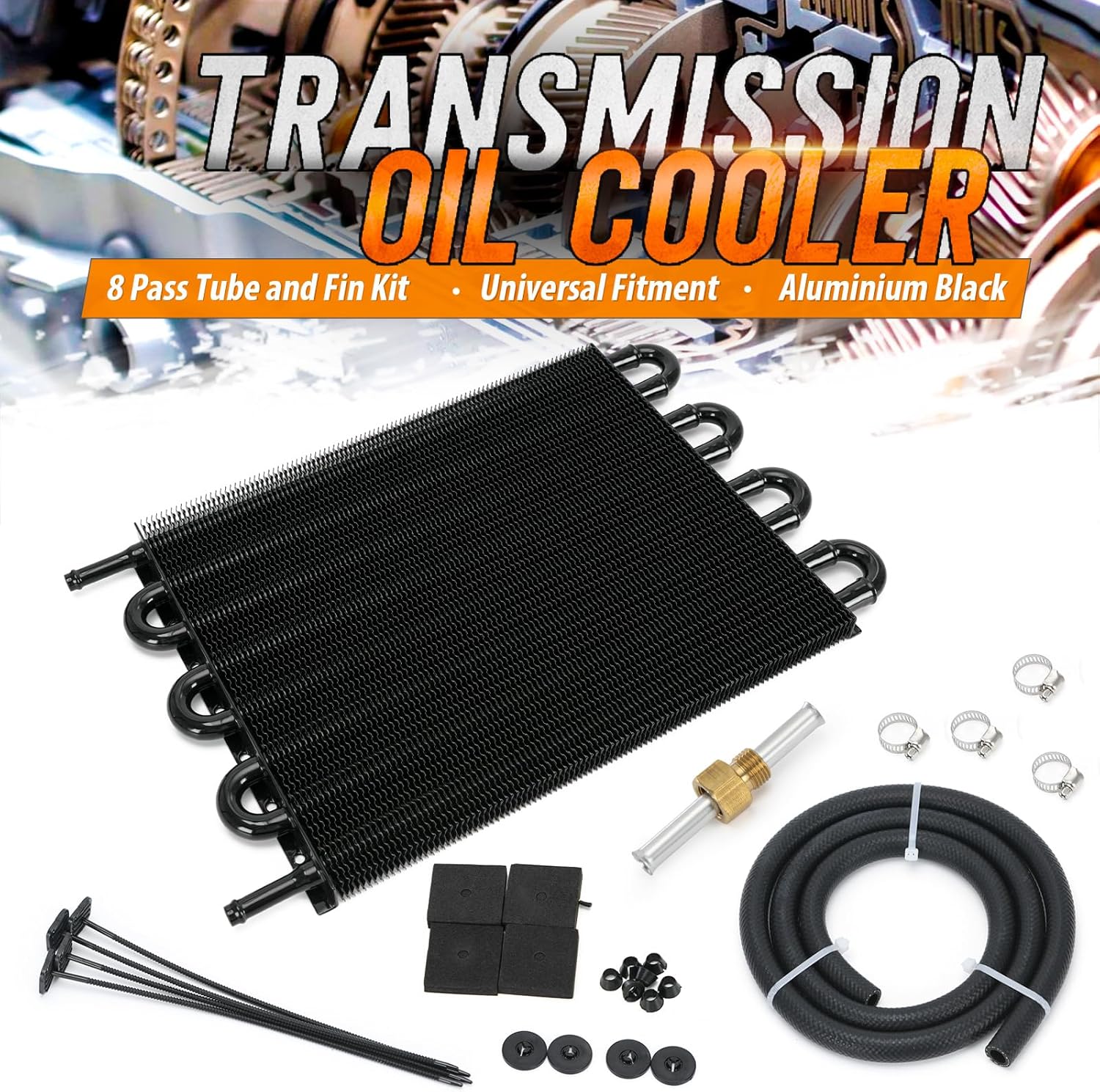 Universal 5/16" Transmission Oil Cooler Kit Aluminium alloy 8 Pass Tube & Fin Black