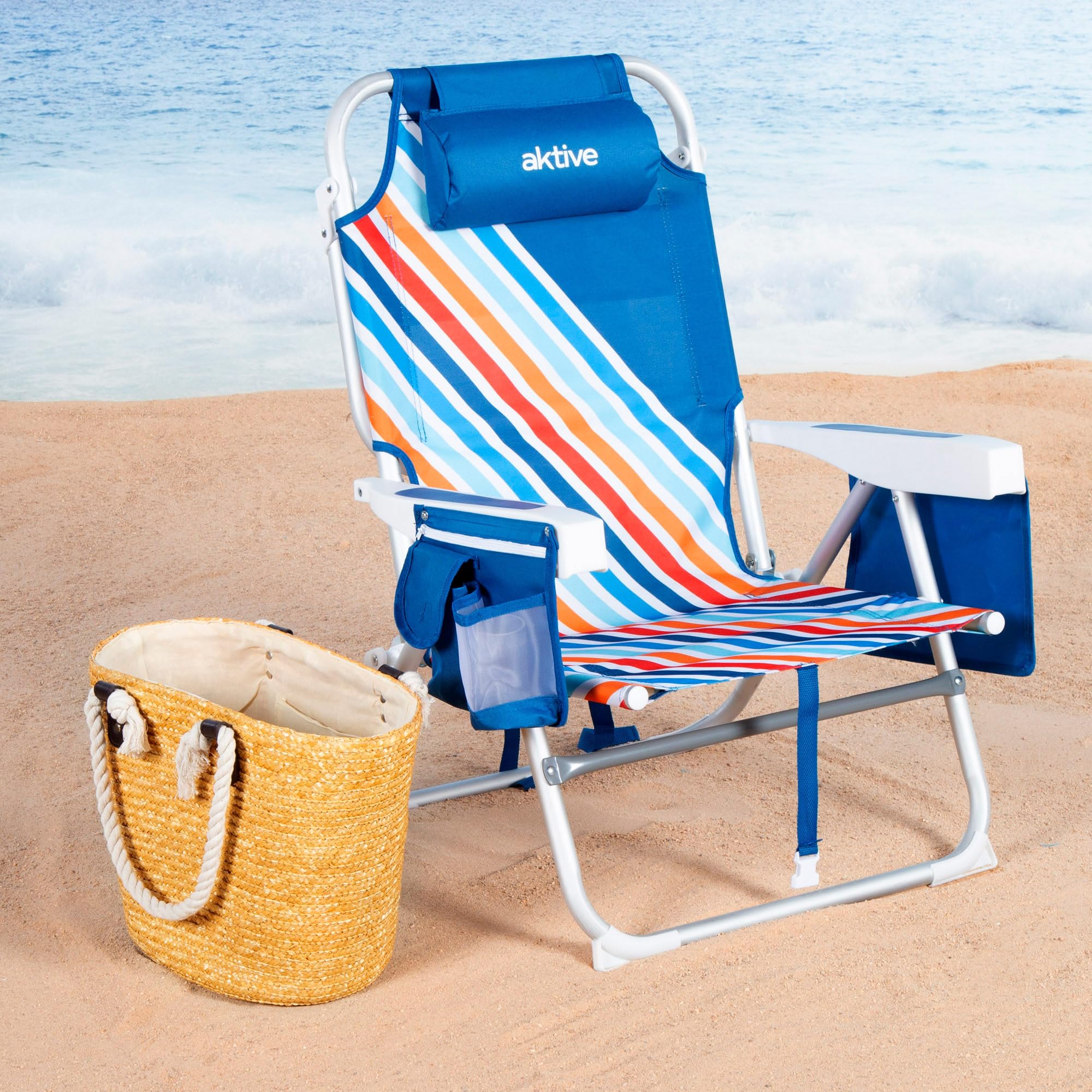 AKTIVE Silla de Playa Plegable con Mochila, 50x55x80 cm, Multiposición, Silla antivuelco, con 4 Posiciones, Silla con Bolsillos, Estructura Resistente, hasta 110 kg (62537)
