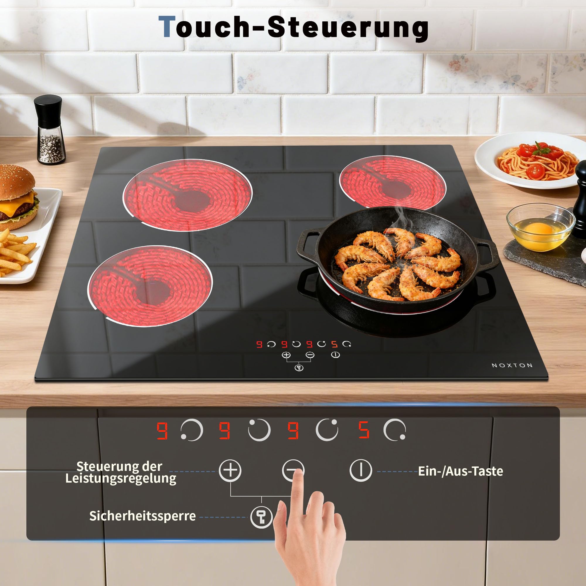 NOXTON Glaskeramikkochfeld 4 Platten 60 cm 9 Heizstufen Touch-Steuerung 220V-240V 6000W