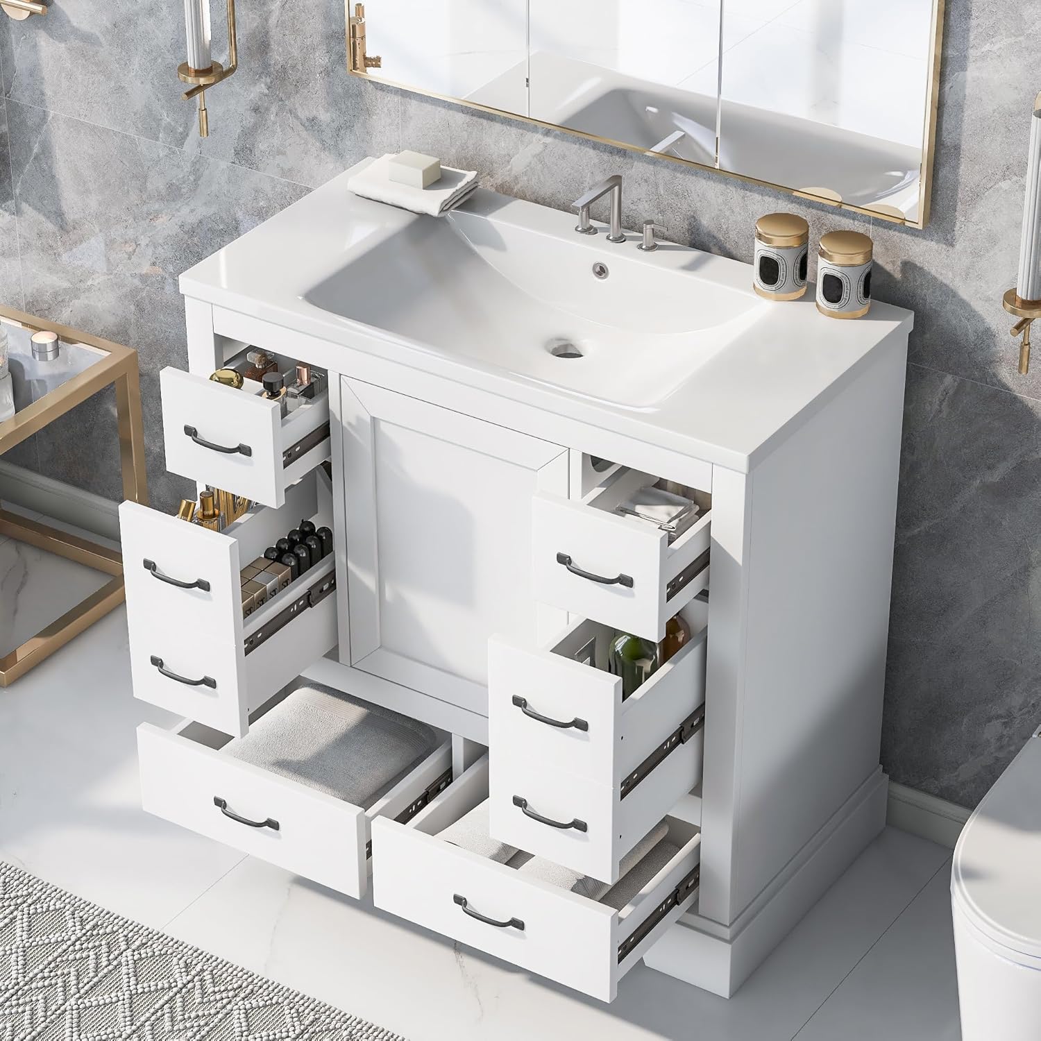 36" Bathroom Vanity with Sink Combo, Free Standing Single Basin Vanity Set with Six Drawers, Multi-Functional Drawer Divider, Modern Wooden Bathroom Cabinet with Adjustable Shelf, White