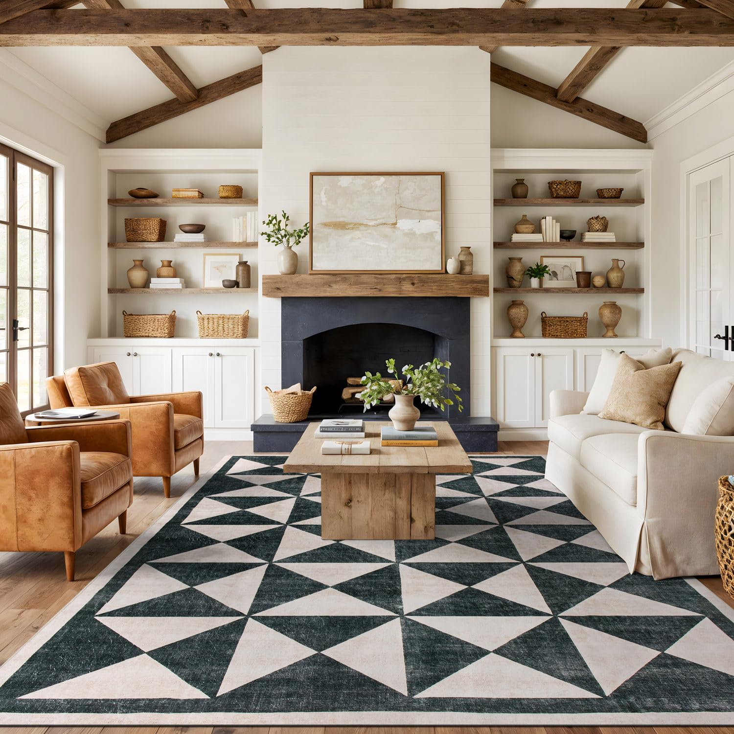 Rugshop Geometric Diamond Washable Non Slip Area Rug 8' x 10' Cream