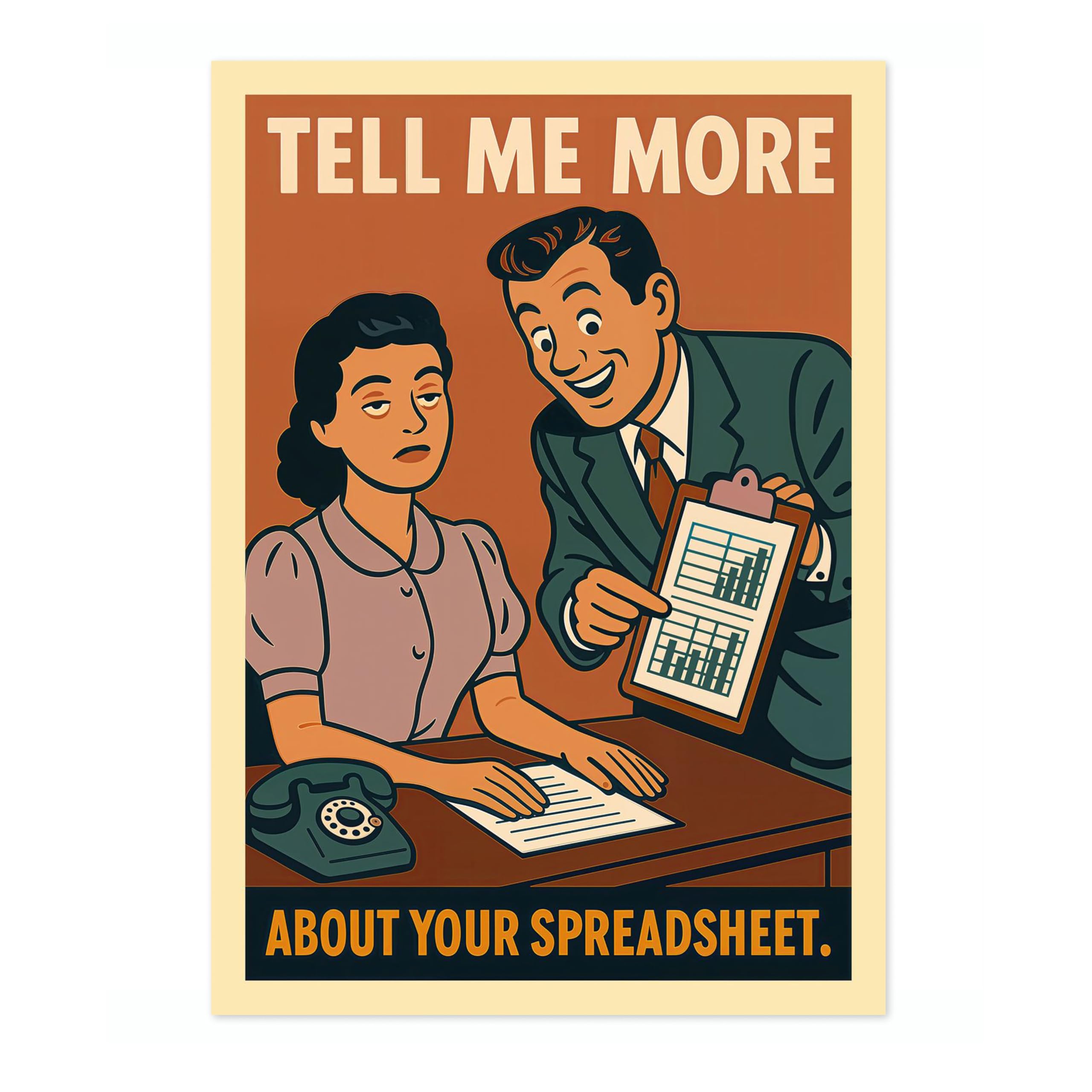 Animato Tell Me More About Your Spreadsheet Poster, Vintage Retro Funny Print, Kitchen Wall Art, A3 (Print Only) - 42x29.7cm โ image 1